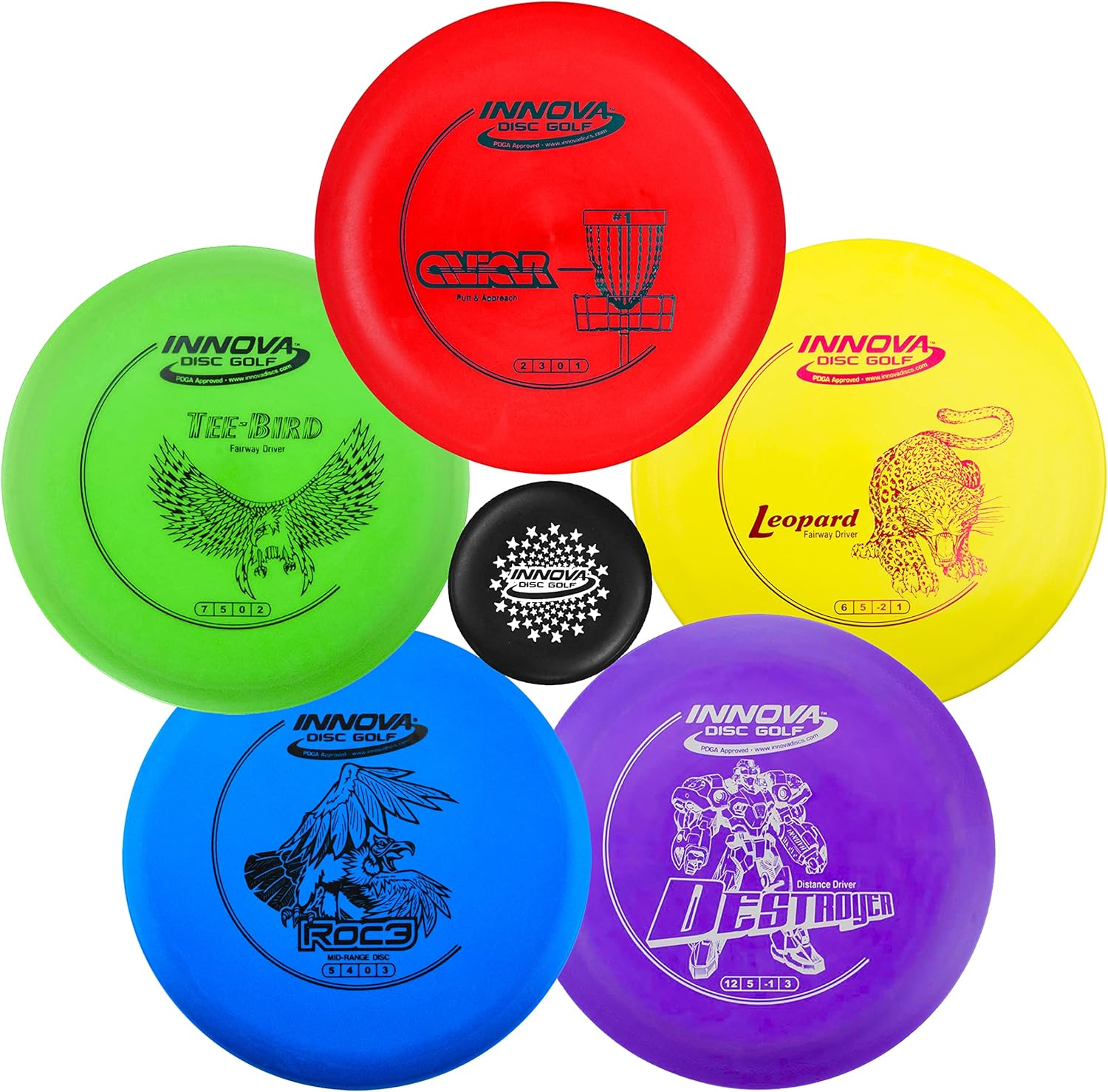 Innova Disc Golf Starter Set –Colors May Vary 160-180G – Includes Putter, Mid Range, 2X Fairway Drivers, Distance Driver, Mini Marker Beginner Disc Golf Set