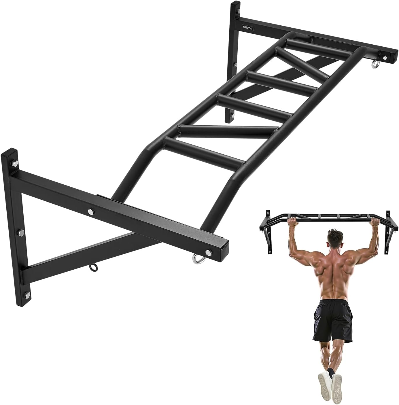 Pull up Bar, Multi-Grip Wall Mounted Pull Ups, 50 in Width Multifunctional Chin up Training Station, Heavy Duty Steel Upper Body Workout Bars with Hangers, 440 Lbs Weight Capacity, for Home Gym