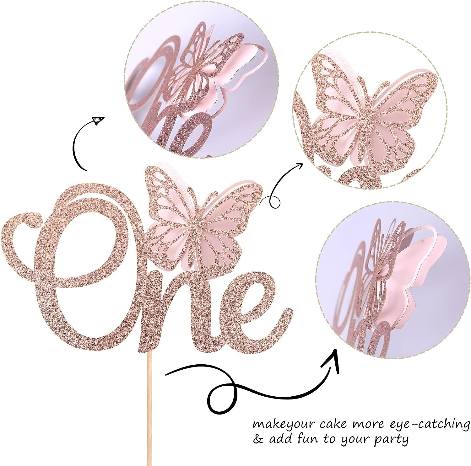 SYKYCTCY 1 Pack Butterfly One Cake Topper Glitter Butterfly 1st Birthday Cake... - Picture 4 of 13