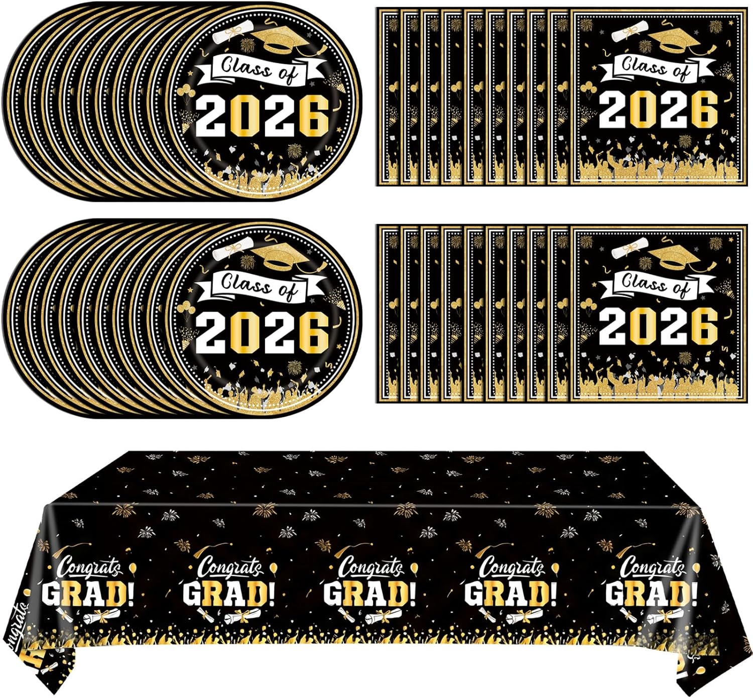 Graduation Party Decorations Class of 2026 Supplies Includes 41Pcs Black Gold Graduation Plates Napkins and Tablecloth Disposable Cocktail Tableware for Congrats Grad 2026 Graduation Party Supplies