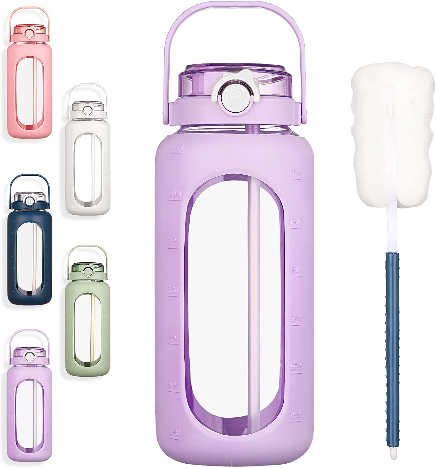 64Oz Glass Water Bottles with Straw Time Marker Half Gallon Large Motivational Water Bottle with Silicone Sleeve 2 Liter Large Glass Water Jug for Gym, Sports& Workout, Daily, Purple