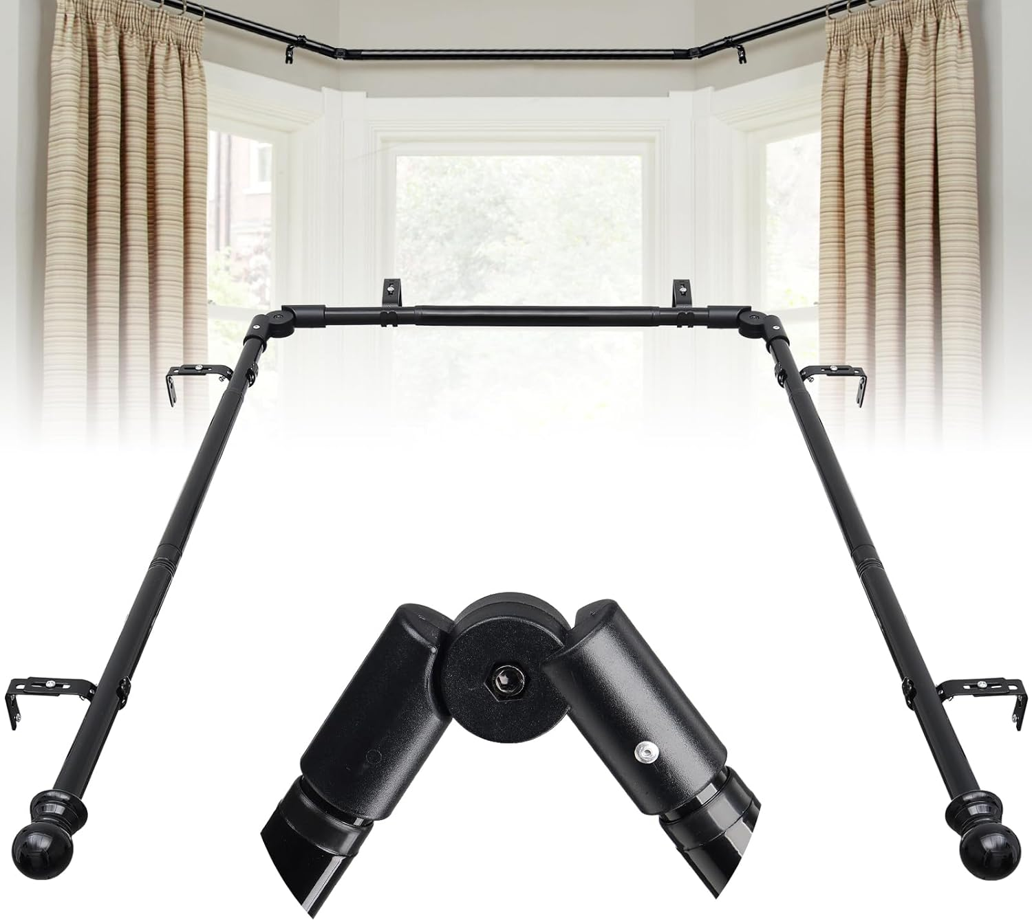 Bay Window Curtain Rods, 1 Inch U Shaped Adjustable Curtain Rods for Bay Windows 59 to 184 Inches, Heavy Duty Curtain Rods with Brackets for Bedroom, Living Room Curtains Black