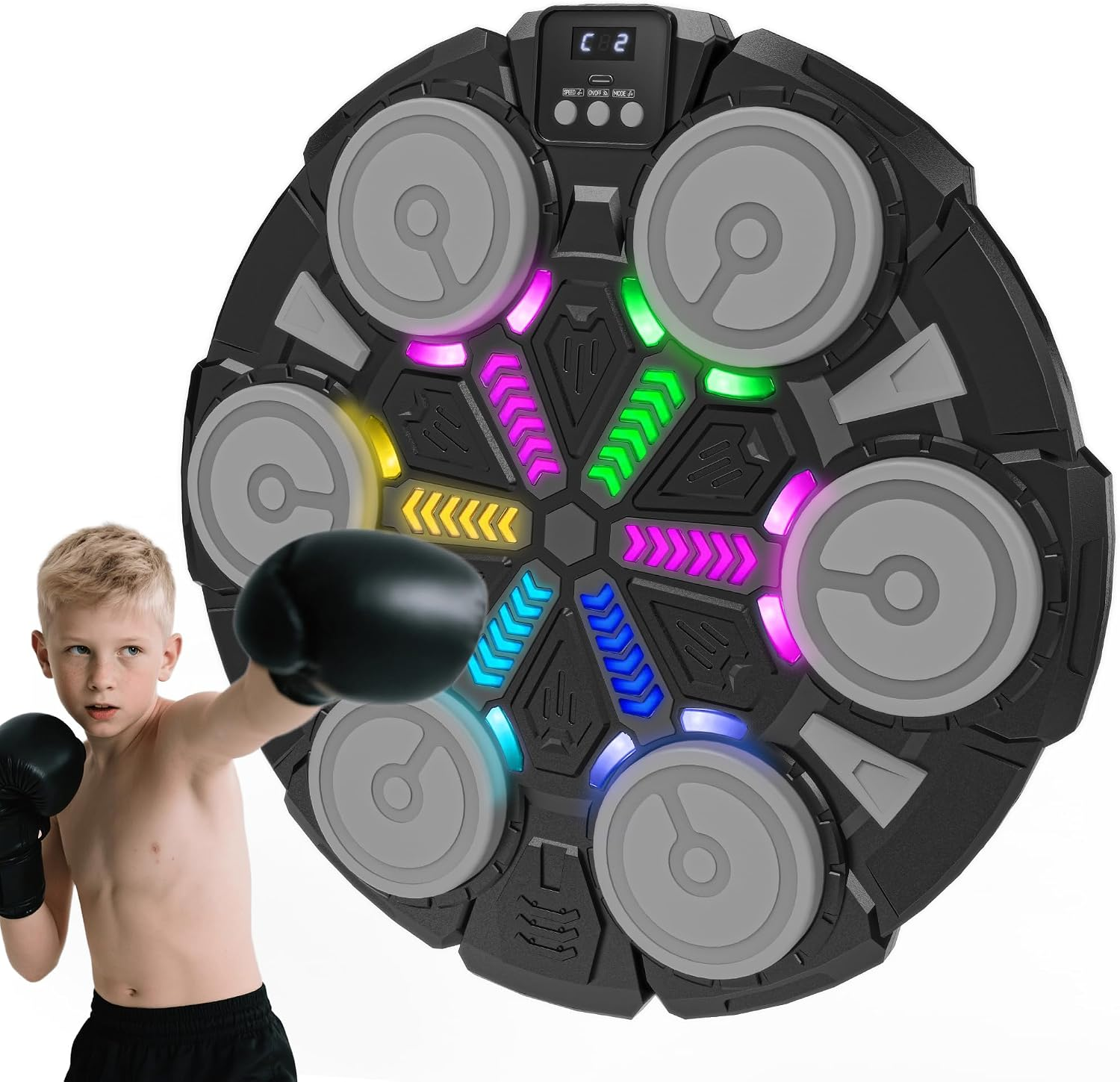 Music Punching Machine for Kids Adults,Bluetooth Wall Mounted Boxing Trainer with Gloves,Rhythm Lights,2 Player Battle Mode,Reaction Training Pad,Home Gym Sport Toys Gifts for Boys Girls Teens 3-12+