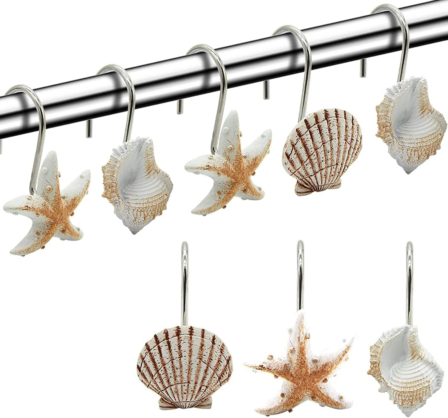 Seashell Shower Curtain Hooks,12Pcs anti Rust Decorative Resin Hooks for Bathroom, Baby Room, Bedroom, Living Room Decor (Light Brown Seashell)