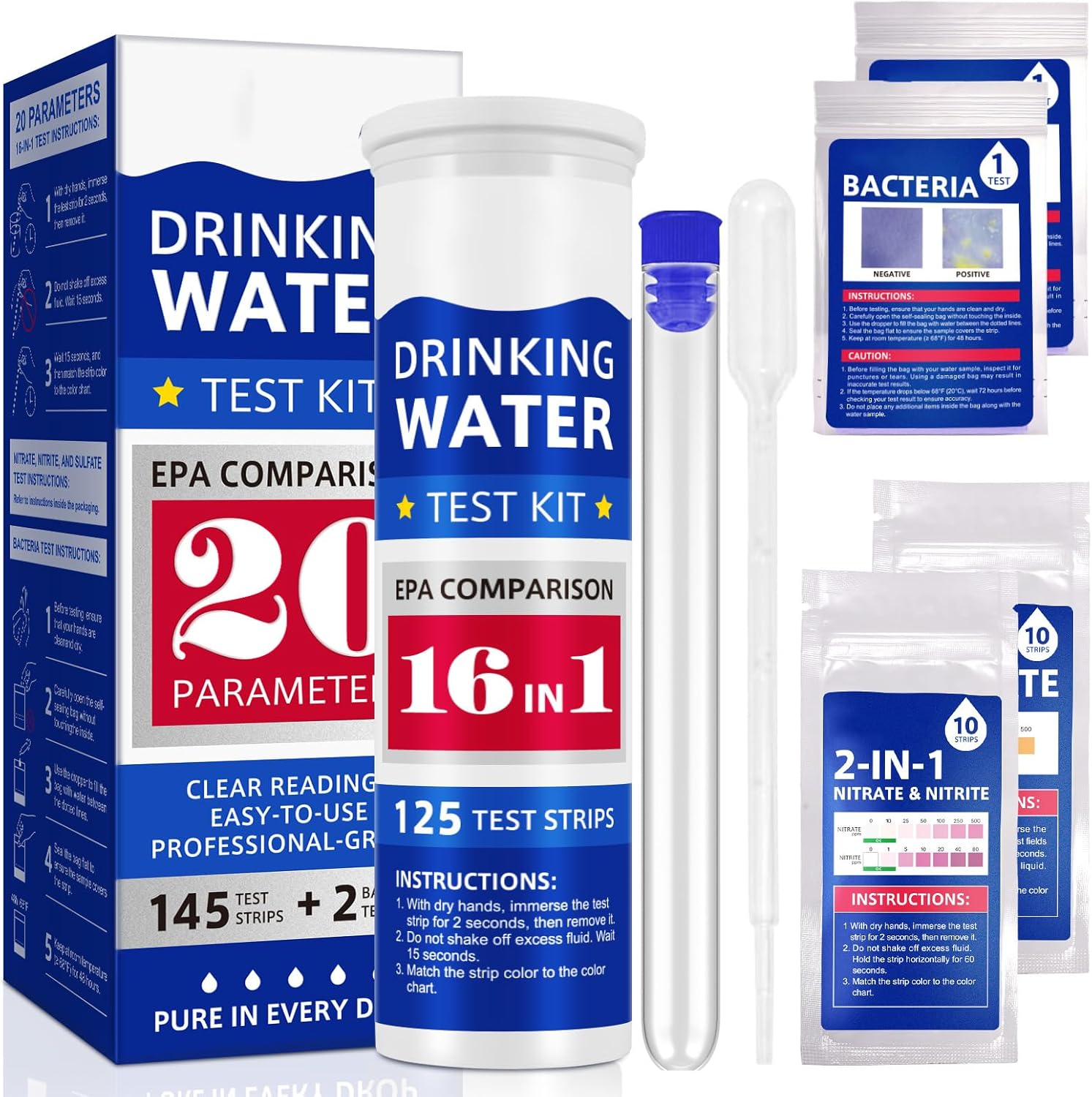 20 In1 Drinking Water Testing Kit 145 Strips,Complete Water Testing Kits for Drinking Water,At Home Tap and Well Water Test Kit for Hardness, Lead, Iron, Copper, Chlorine, Fluoride