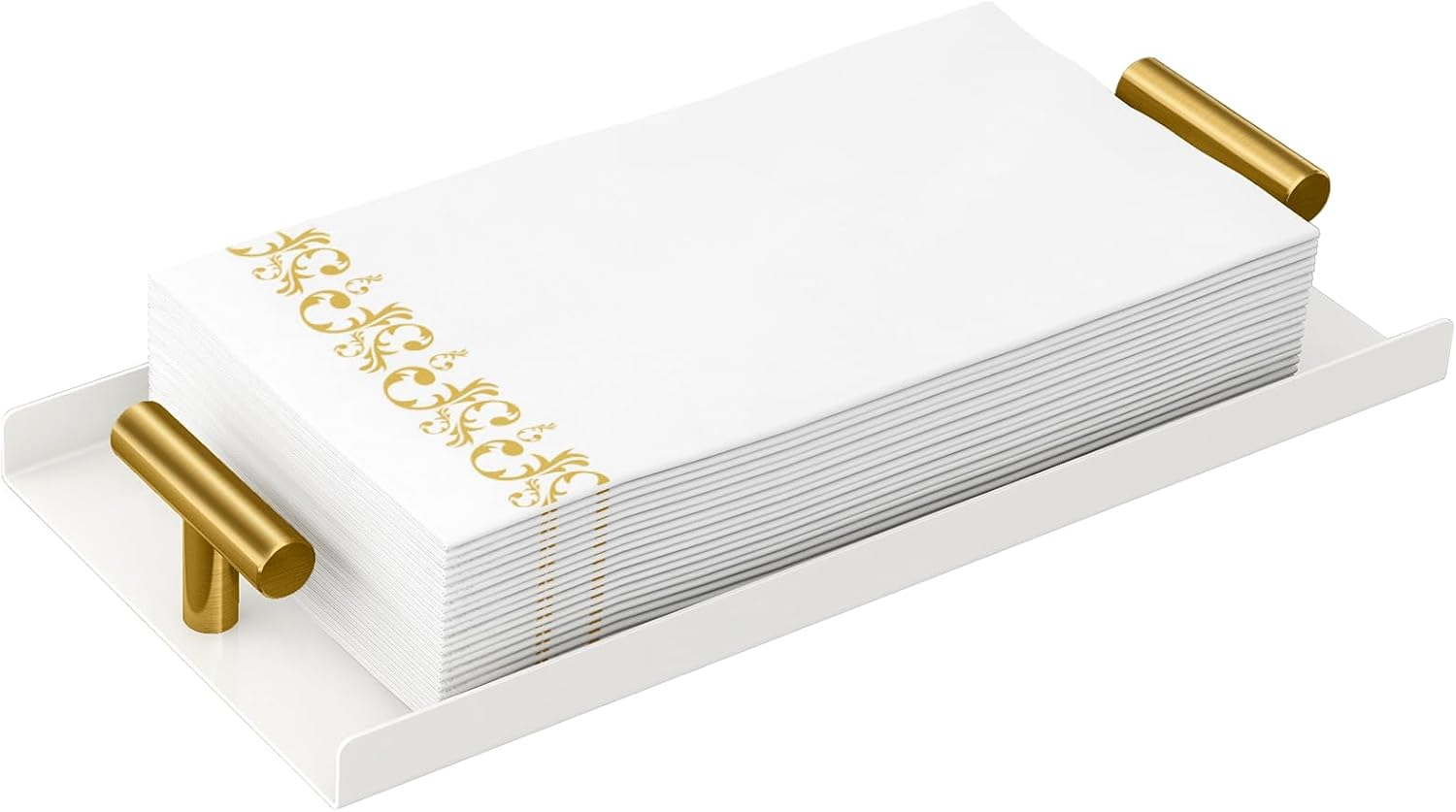 White Guest Napkin Holder Tray With Gold Handle Bathroom Hand Towel Organizer