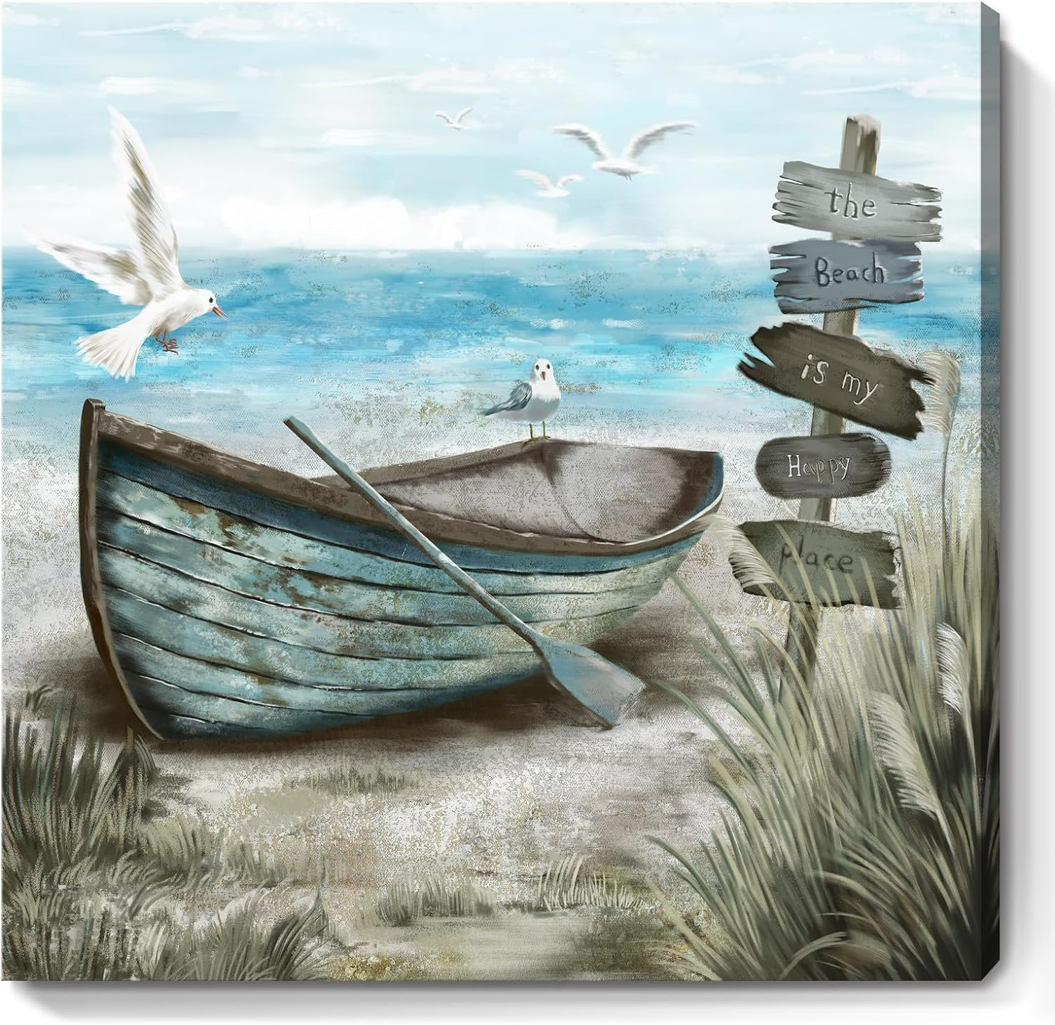 Bathroom Wall Art Coastal Décor Nautical Boat on Beach Canvas Picture Ocean Seagull Seascape Canvas Print Sea Bird Farmhouse Artwork for Seashore Bedroom Living Room Small Square Blue Teal 14X14