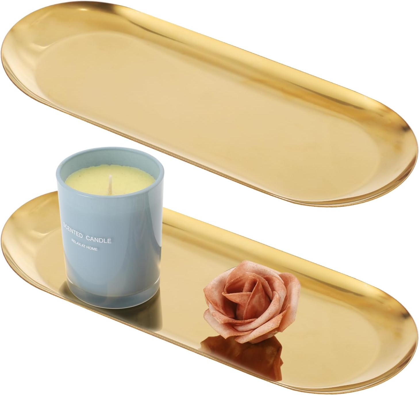 2Pack Gold Decorative Trays Bathroom Vanity Tray for Dresser Counter, Stainless Steel Jewelry Dish Cosmetics Organizer, Perfume Ring Key Candle Organizer Tray, Oval, Gold