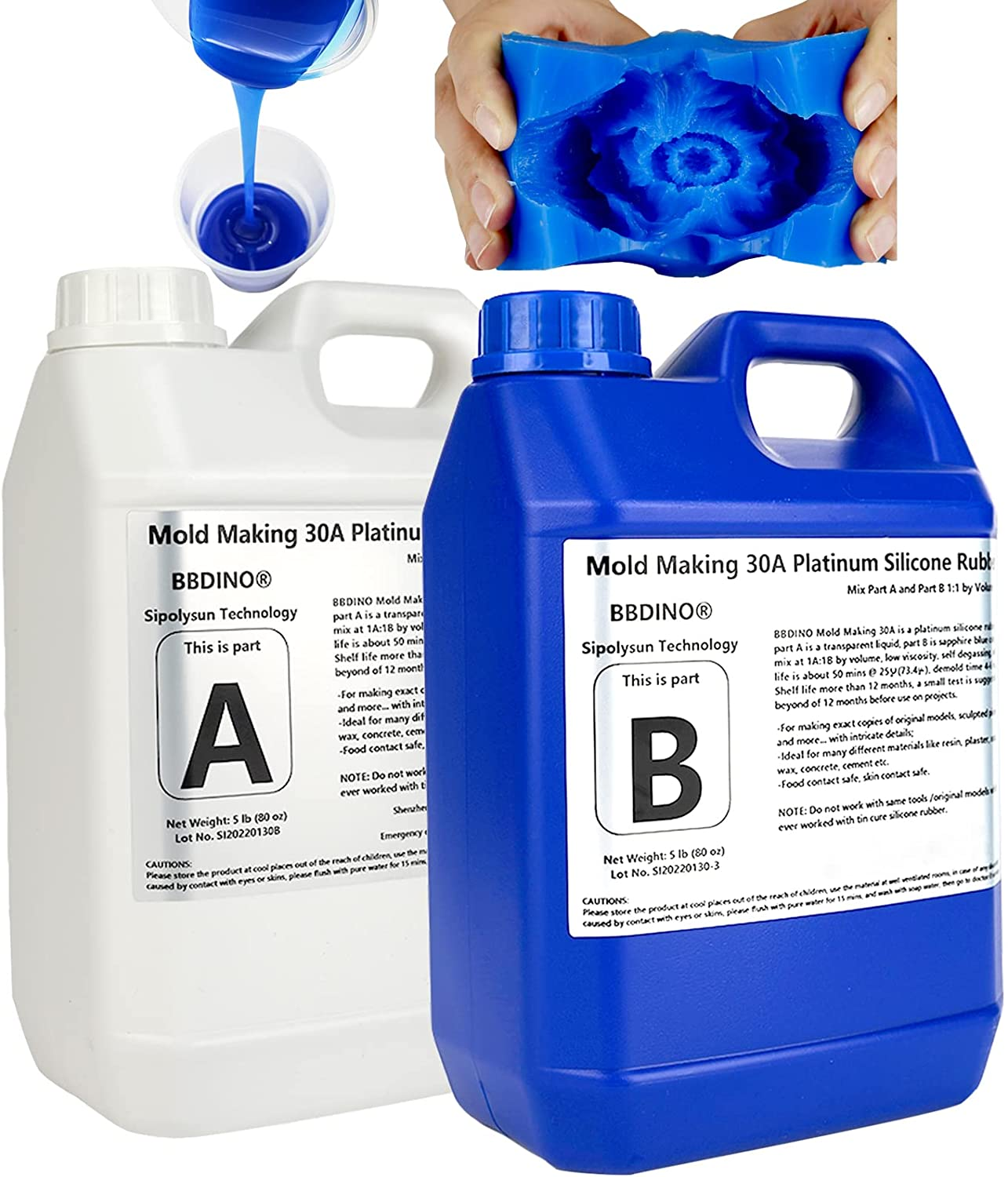 BBDINO Silicone Mold Making Kit 30A, Mold-Making Silicon Rubber 1 Gallon/10 Lbs/160 Oz Liquid Silicon for Molds Making, 1:1 by Volume, Ideal for Silicone, Resins, Soap, Concrete, Wax Molding
