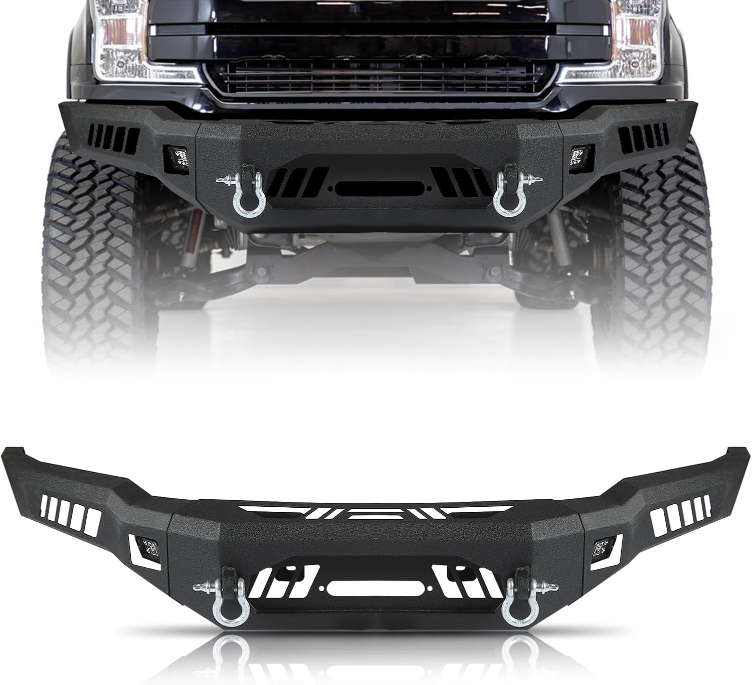 Off Road Front Bumper Fit for Ford F150 2018 2019 2020 (Exclude Raptor) Carbon Steel W/Winch Plate, 2 D-Rings & Shackles Mounts and 2 Squre Spotlights Full Width Front Bumper W/O Sensor Holes