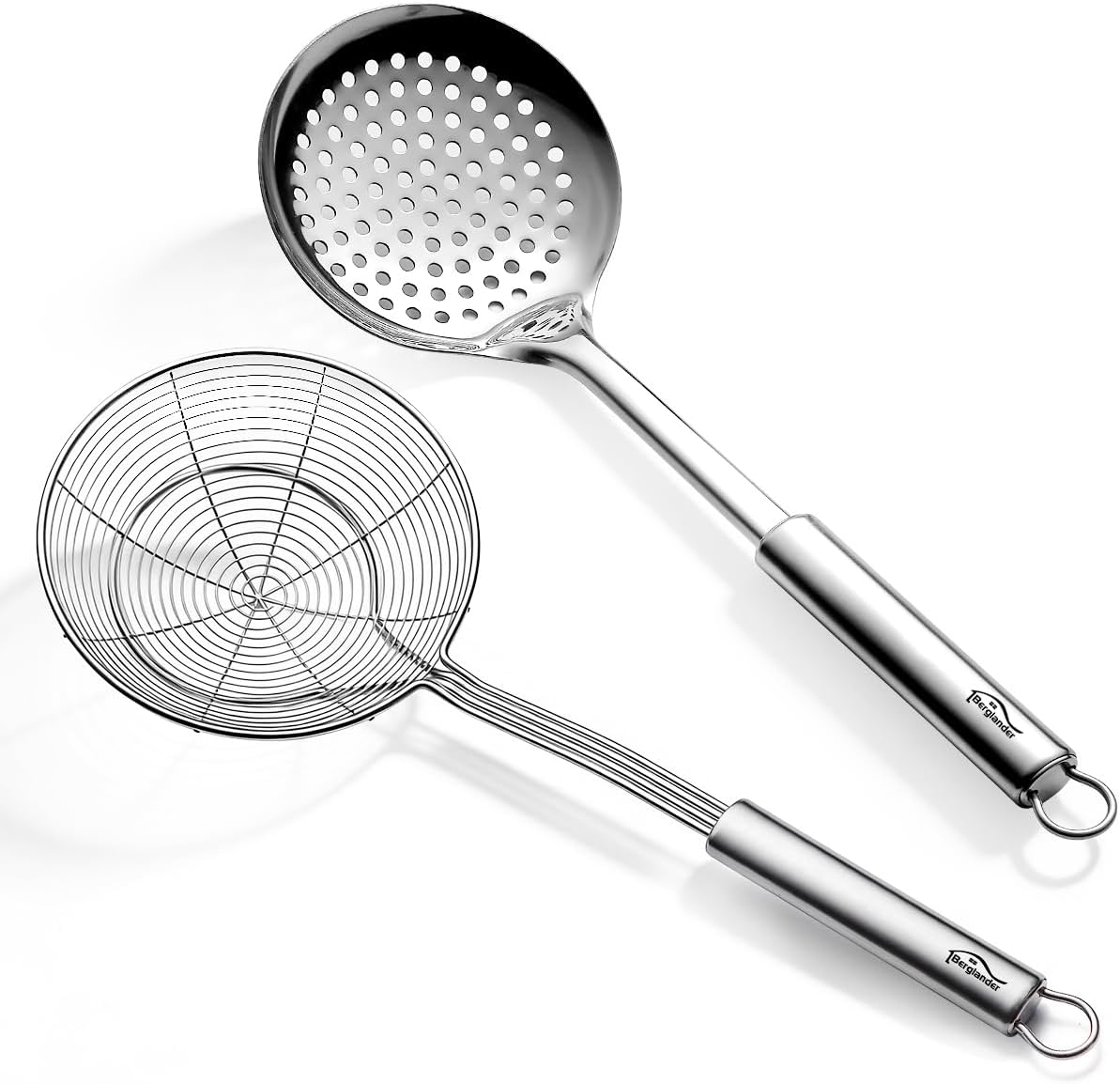 Spider Strainer Skimmer Ladle 2 Pieces, Stainless Steel Kitchen Skimmer Slotted Spoons for for Straining Pasta/Cooking/Frying, Kitchen Utensils Wire Strainer Pasta Spoon