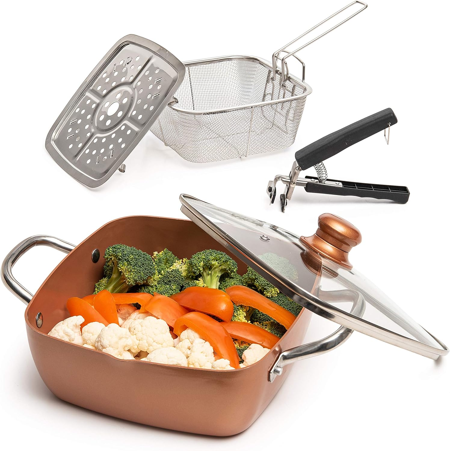 5 Pcs Copper Chef Cookware Non Stick Deep Frying Pan, Fry Basket, Steamer Rack, Dishwasher & Oven Safe, 5 Qt Deep Square Pan, Induction Copper Cookware Set - 9.5