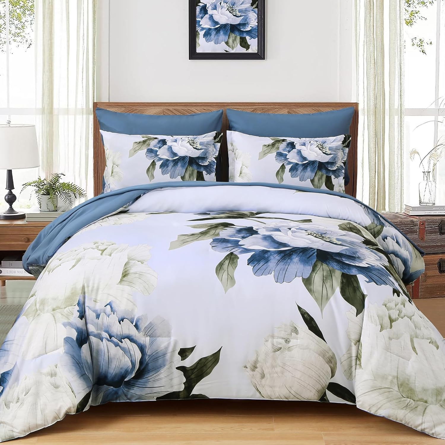 Dobuyly Blue King Size Comforter Set 7 Piece Bed in a Bag King, Blue Floral Printed on Light Blue Comforter Set with Sheets, Soft Microfiber Botanical Complete Bedding Set for All Season