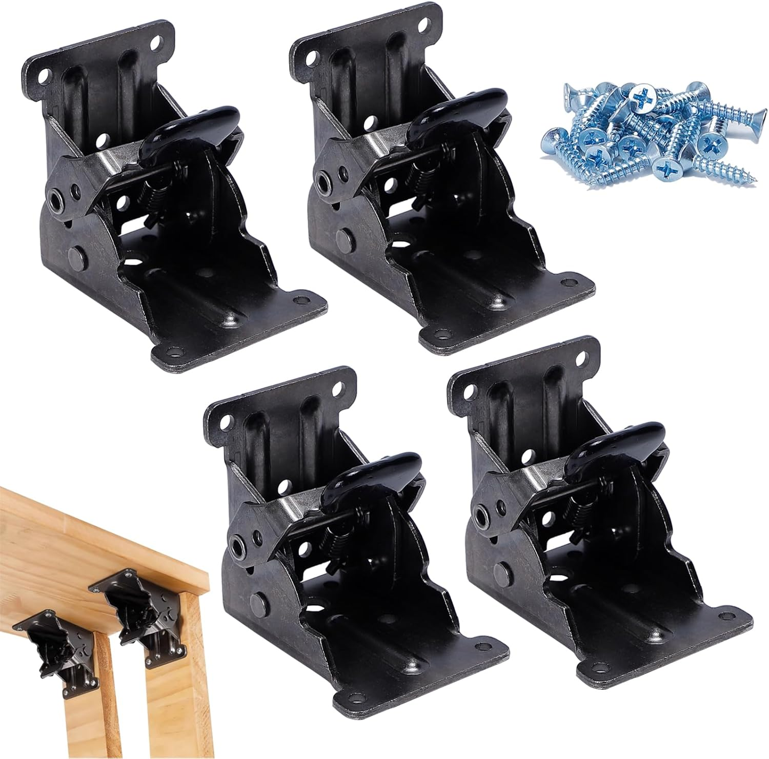 Folding Table Legs, Folding Bracket, Self-Locking Hinge Screws, Locking Expansion Support Bracket Bed Legs,4 (Black)