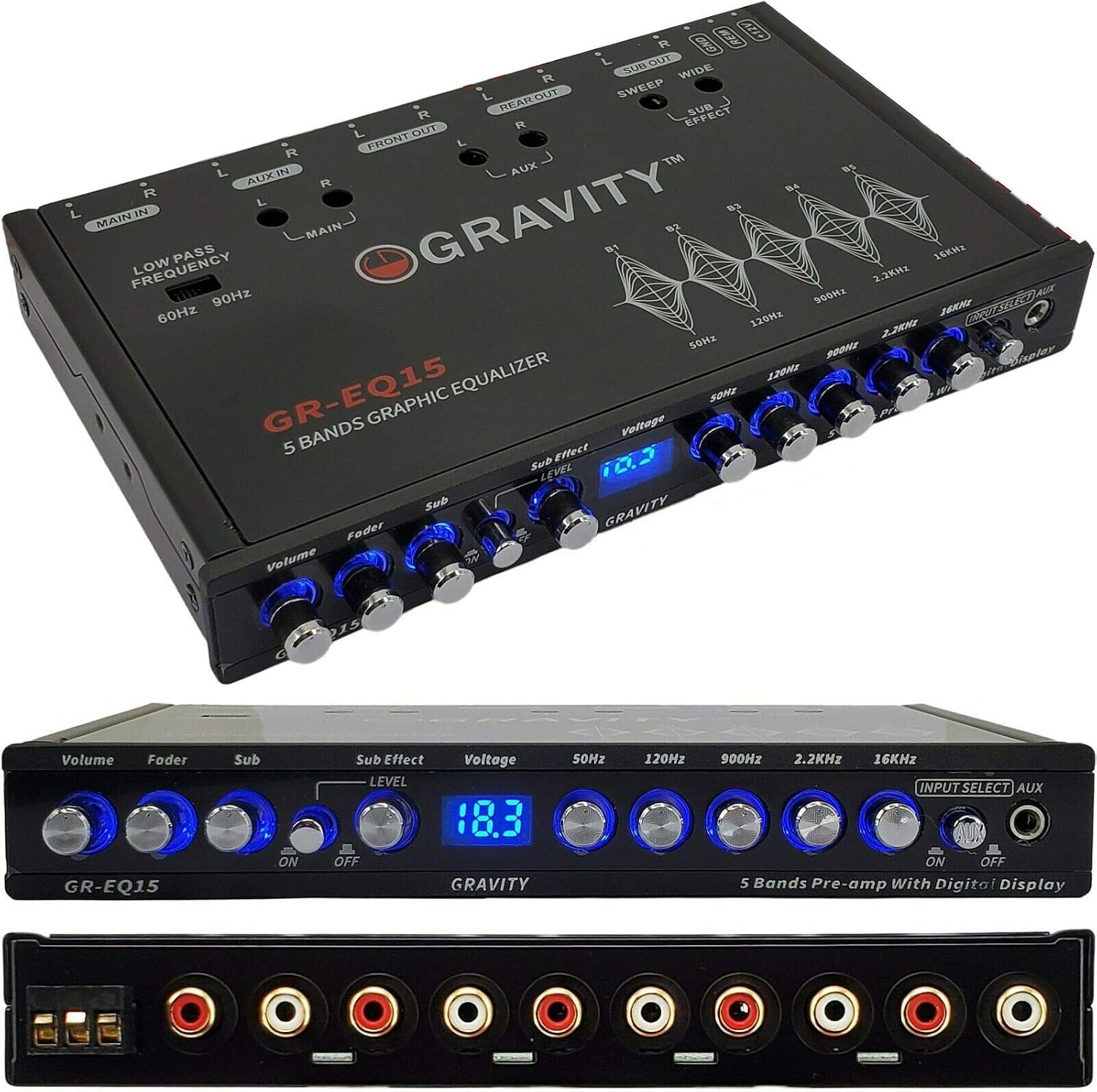 EQ15 1/2 Din Ecualizador de audio para automóvil con cinco bandas de ecualización