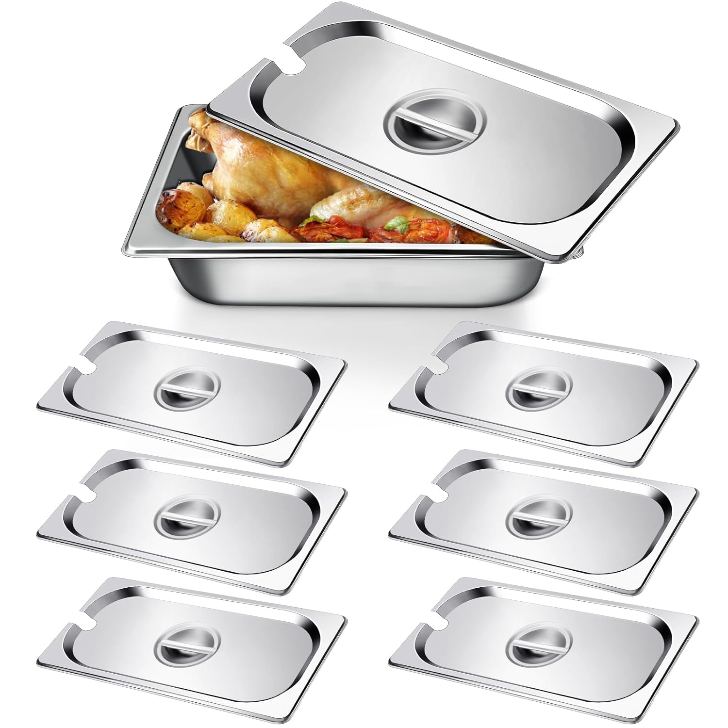 Bokon 6 Pack 1/3 Steam Table Pan Covers Stainless Steel Hotel Pan Lid with Handle