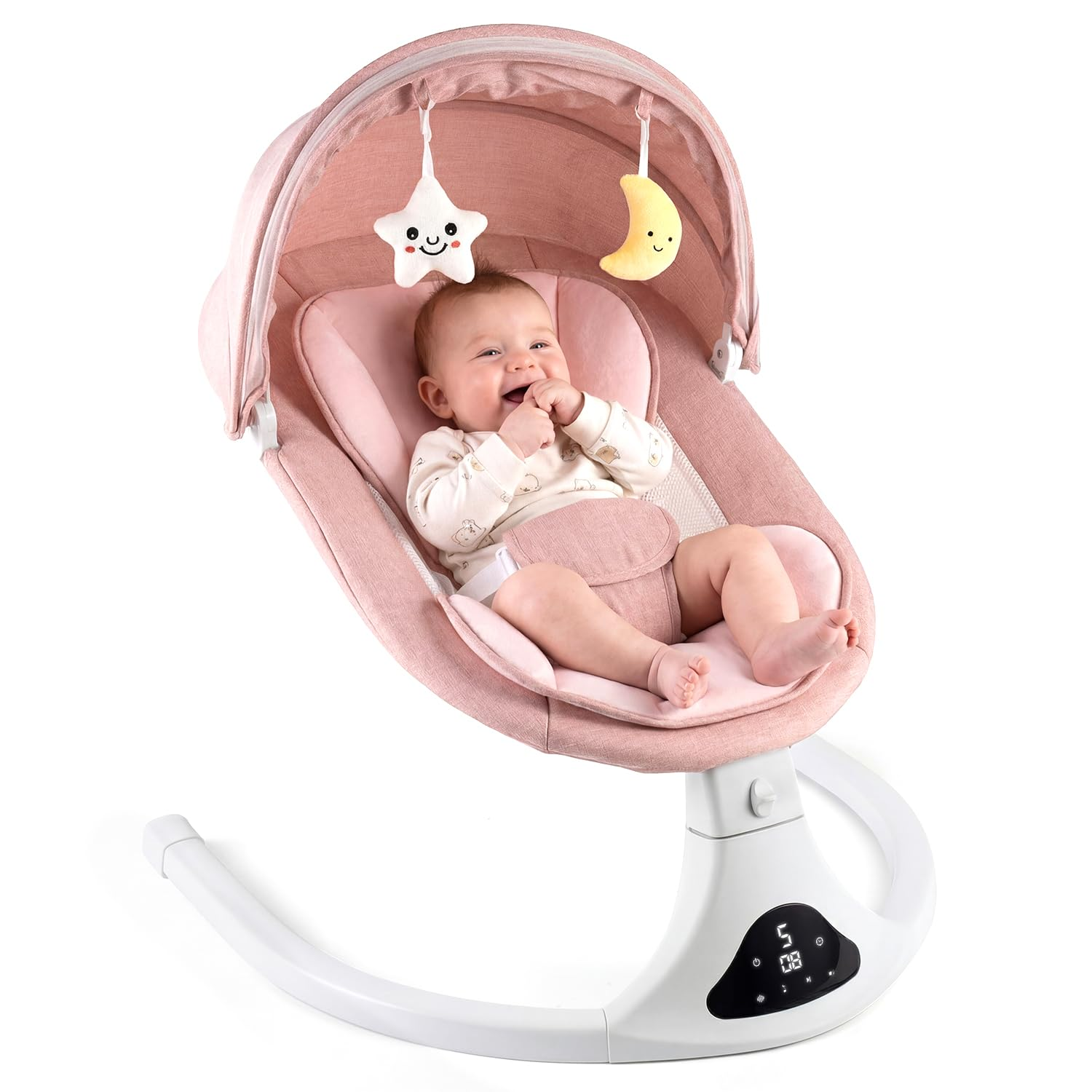 Electric Baby Swing with Remote Control - 5 Natural Motion Speeds, Detachable Seat Pad, Bluetooth Technology & Music, Portable Infant Swing for Indoor/Outdoor Use (0-12M, 20Lbs, Pink)