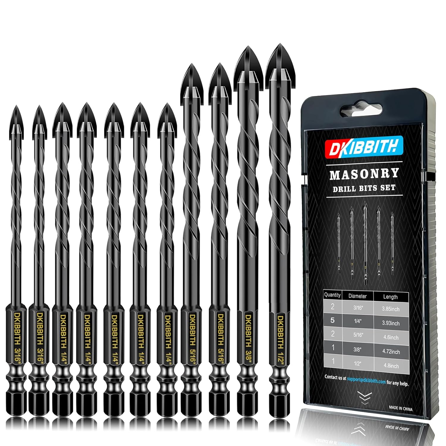 11-Pc Carbide Masonry Concrete Drill Bit Set for Stone Tile Brick Ceramic Glass Metal Sheet Plastic Wood, Quick Change 1/4