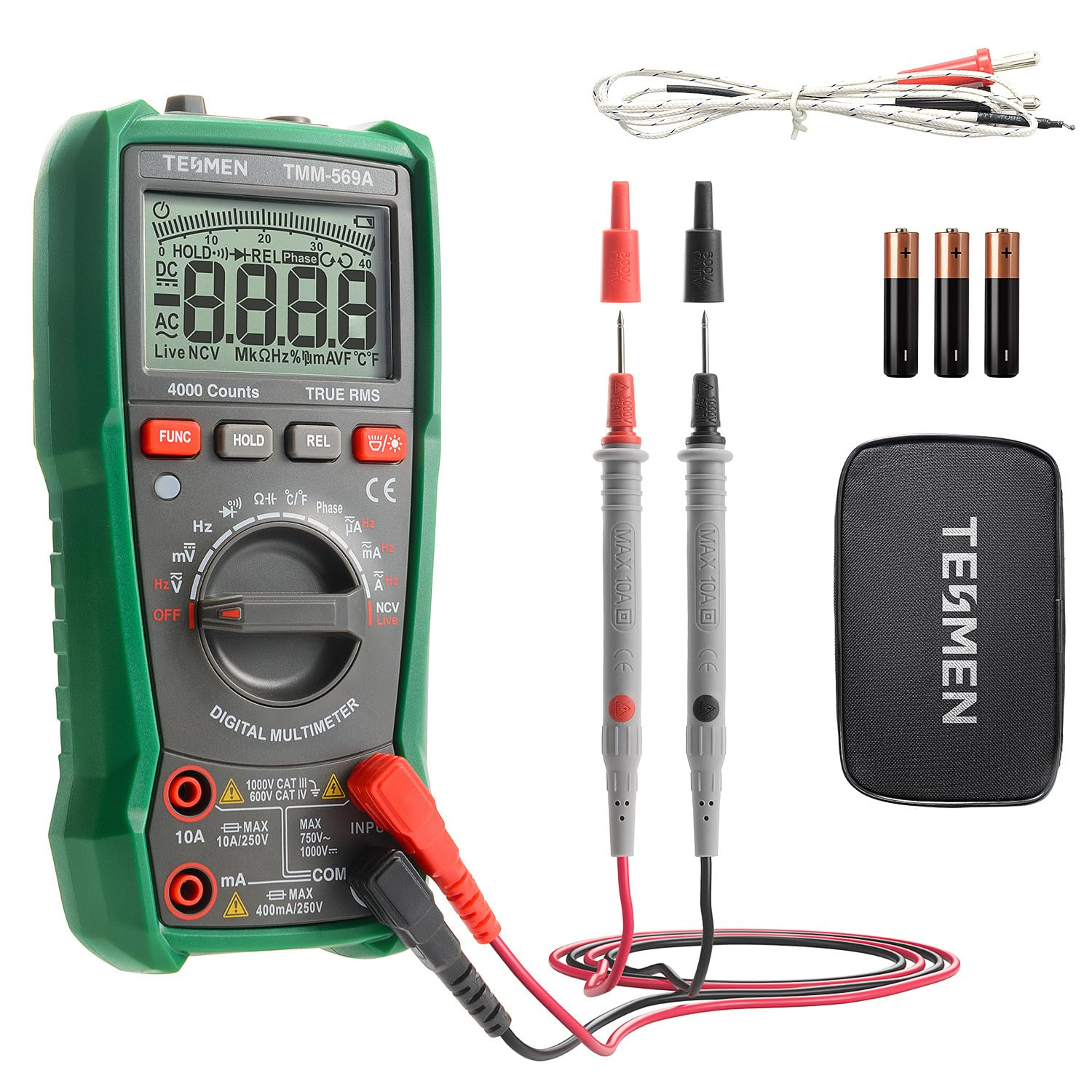 TESMEN TMM-569A Digital Multimeter, TRMS 4000 Counts Ohmmeter, Auto-Ranging Voltage Tester with NCV, Voltage & Current, Resistance, Continuity, Diode, Capacitance, Phase, Temperature, Live Wire -Green