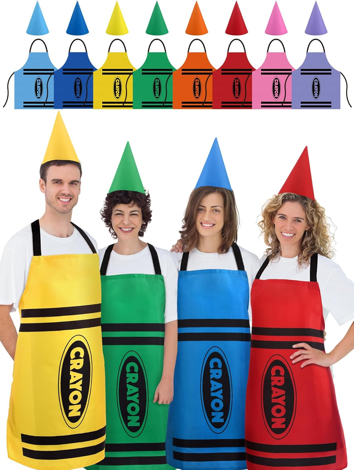 8 Set Color Crayon Apron and Funny Gnome Cone Hats for Costume Set for Adults Fancy Dress Outfit Halloween Cosplay