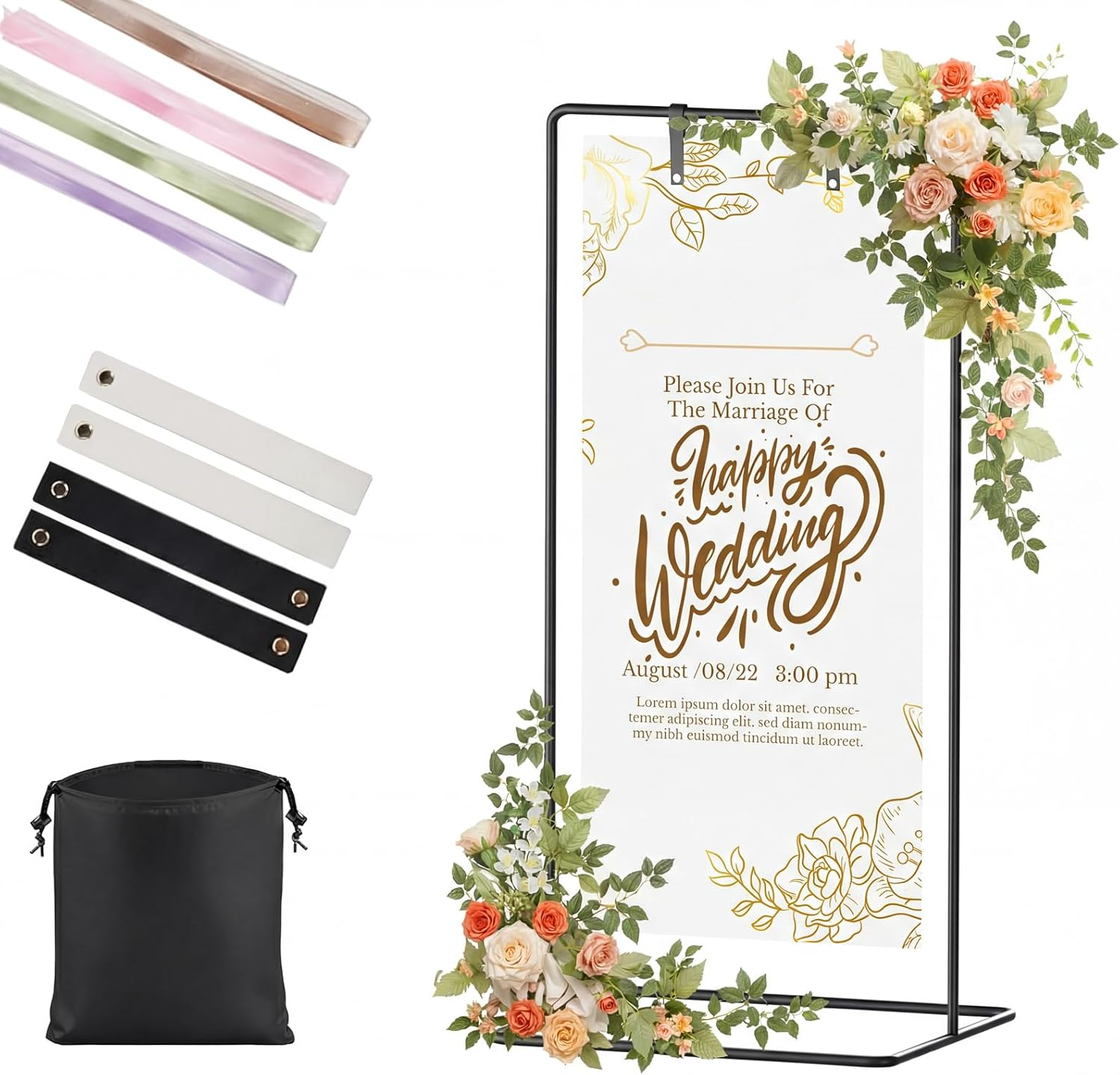 Adjustable Metal Easel Stand with Colorful Ribbons for Wedding Sign Display