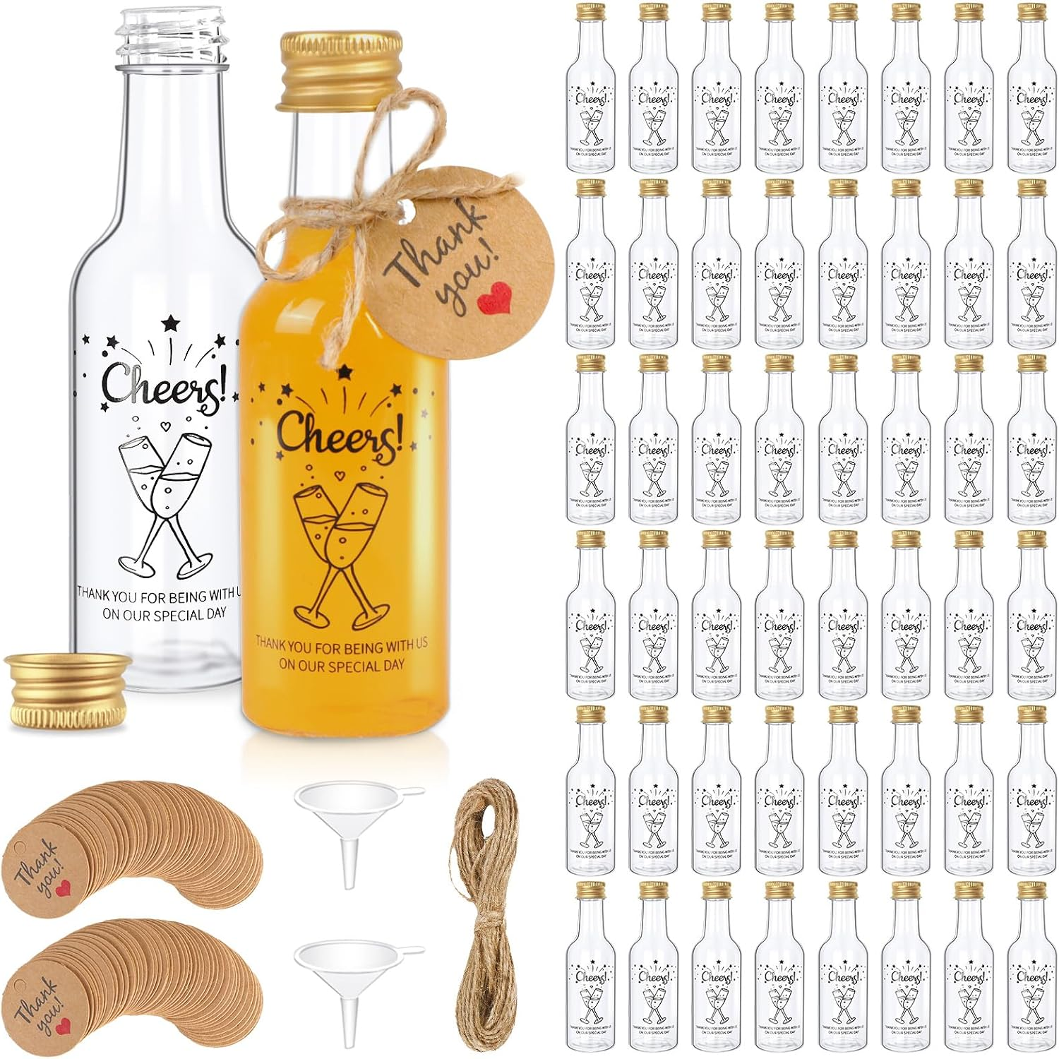 50Ml Small Plastic Shot Bottles with Lids, Wedding Favour Bottles, 50 Pack | Cheers Celebratory Font, 50 Greeting Cards & Twine and 2 Funnels, PET Plastic, Resuable, Wedding Favours for Guests, Party