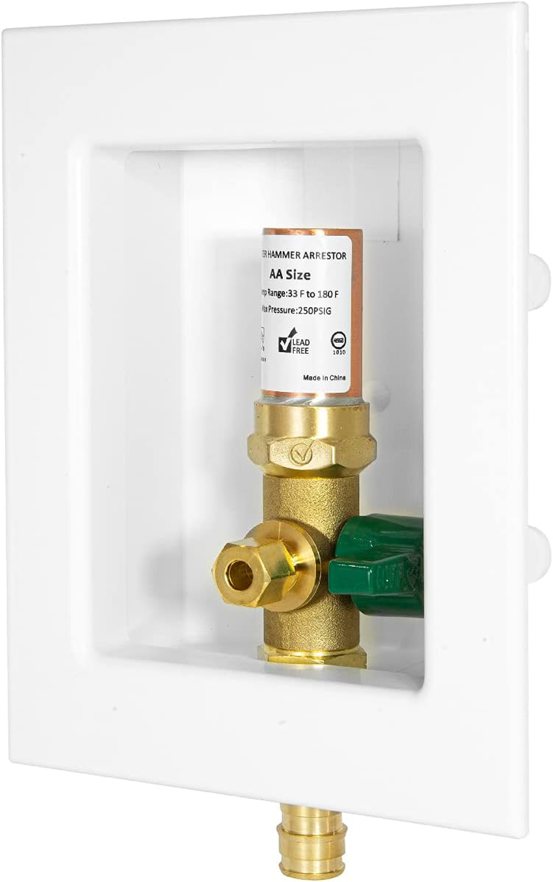 Pex Ice Maker Outlet Box, 1/2-Inch Pex F1960 Expansion Fitting Connection with Installed 1/4-Turn Ball Valve, White, with Copper Arrestor,(Im008)