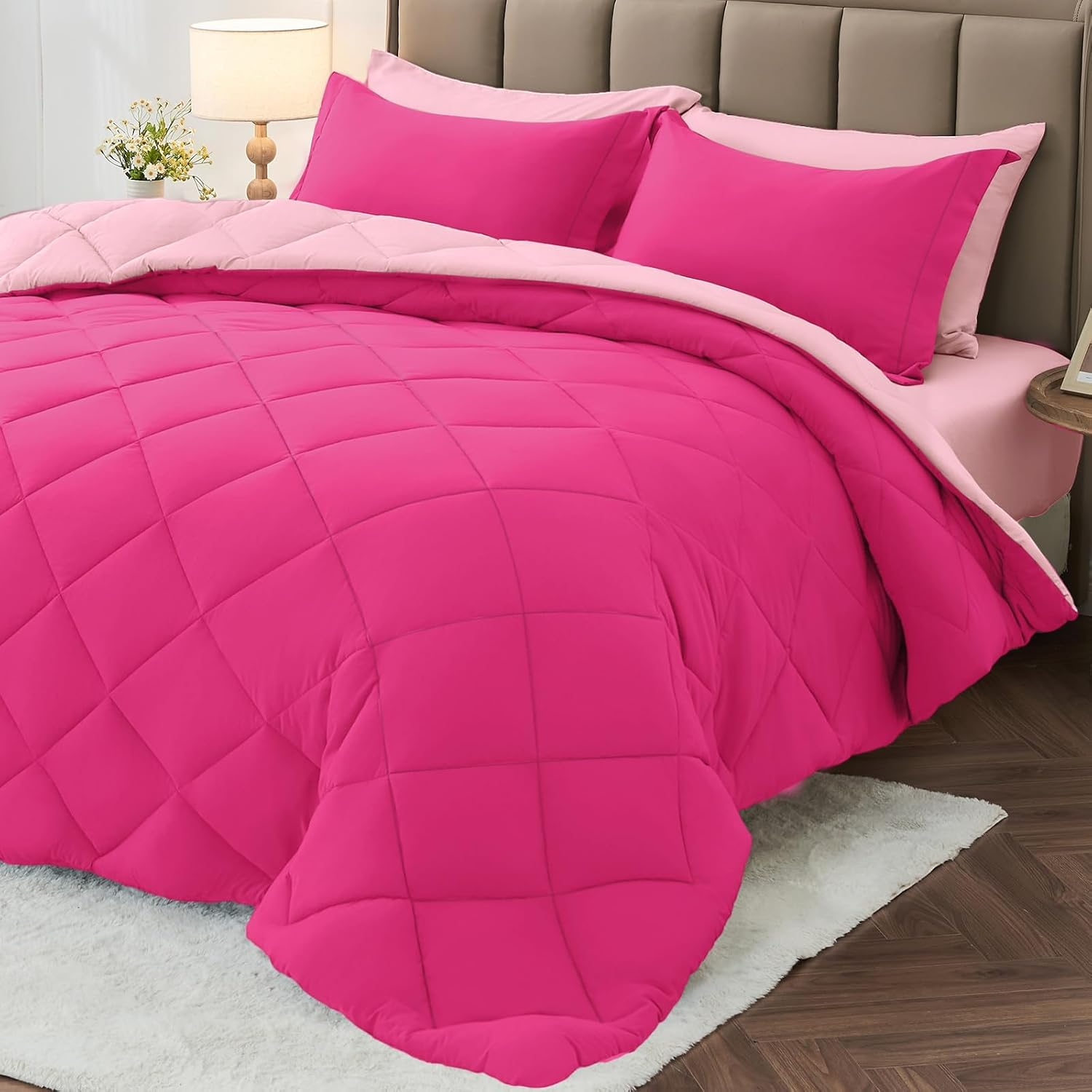 5 Pieces Twin Comforter Set, Reversible Bed in a Bag Twin Size, All Season Bedding Set with Comforter, Flat Sheet, Fitted Sheet, Pillowcases & Shams, Hot Pink & Baby Pink