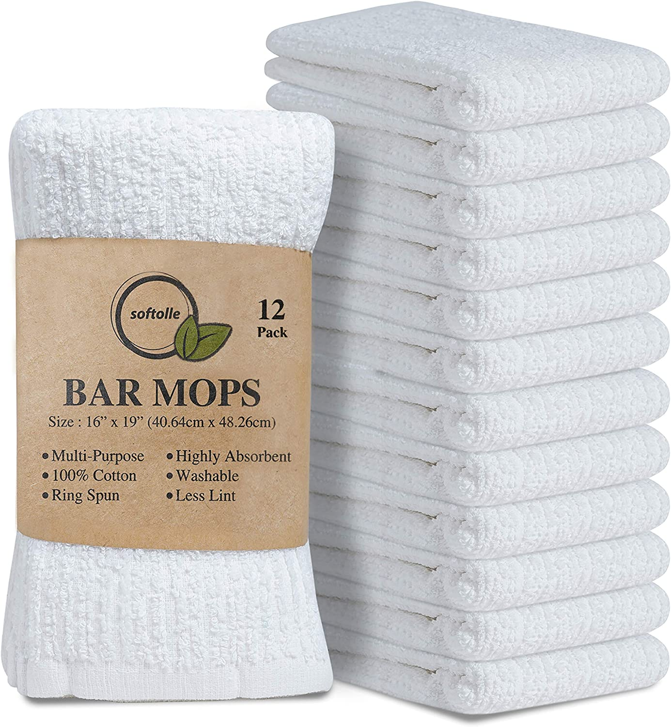 Softolle Bar Mop Towels, Pack of 12 - 16X19 Inches - 100% Cotton White Super 