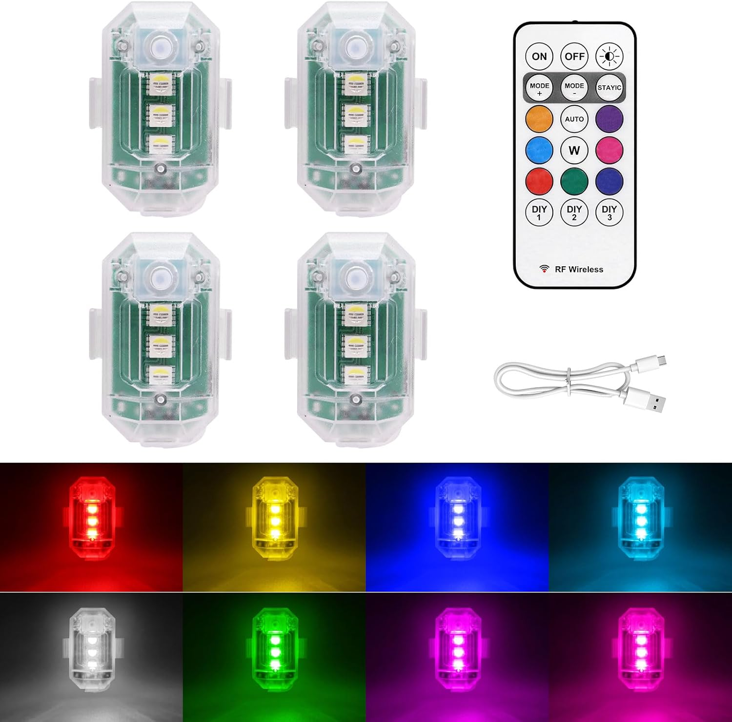 4PCS Wireless LED Strobe Lights, 8 Colors, USB Rechargeable, for Car, Drone & Bike