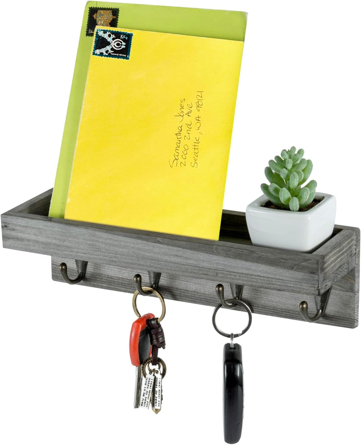 Mygift 10 Inch Floating Wall Shelf with Hooks, Vintage Grey Wood Entryway Storage Shelf with 4 Metal Key Hooks