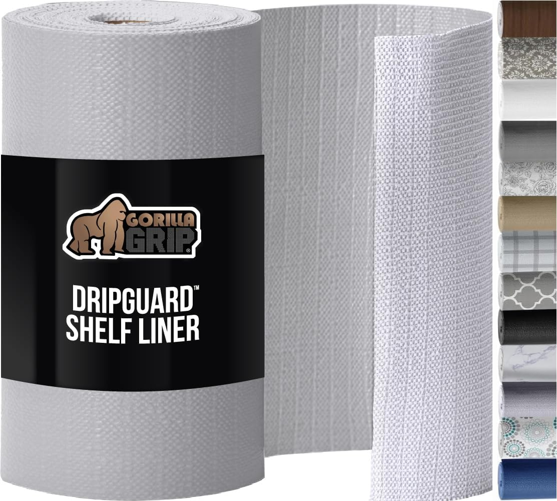 Dripguard Shelf Liner, Non-Adhesive Drawer and Kitchen Cabinet Protector, 24X240 In, Strong Grip Slip Resistant Underside, Smooth Surface Liners for Cabinets, Bathroom Closets, Light Gray