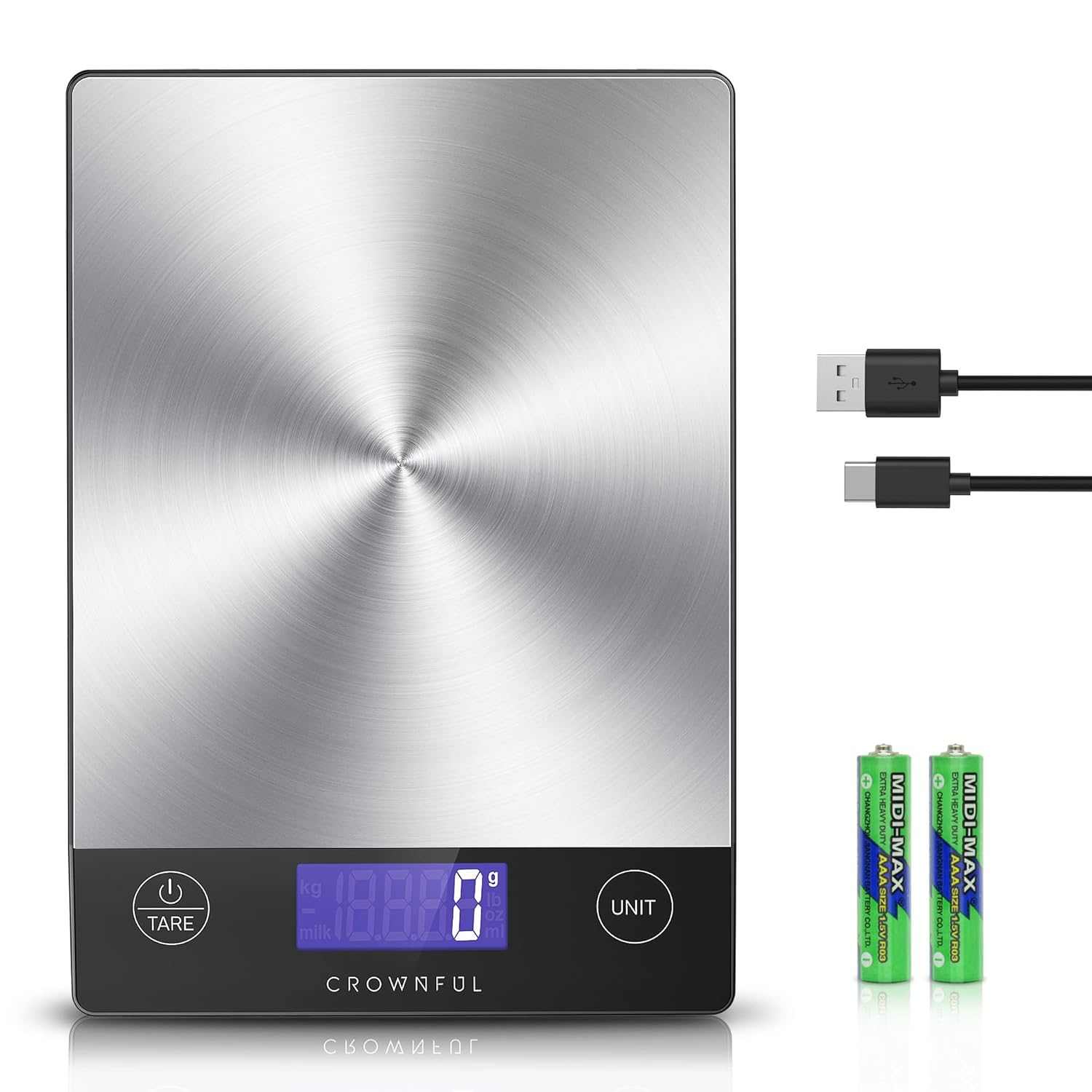 Food Scale, 33Lb Rechargeable 304 Stainless Steel Digital Kitchen Scale Weight Grams and Ounces with LCD Display and Type-C Charging for Meal Prep, Baking and Cooking
