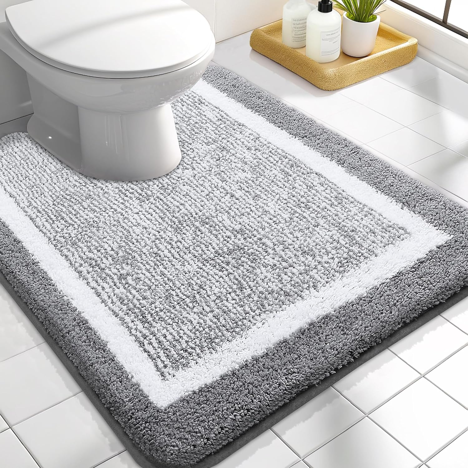 OLANLY Toilet Rugs U-Shaped 24X20, Extra Soft and Absorbent Microfiber Bathroom Rugs, Non-Slip, Machine Wash Dry, Plush Shaggy Contour Bath Mats for Toilet Base (Grey and White)