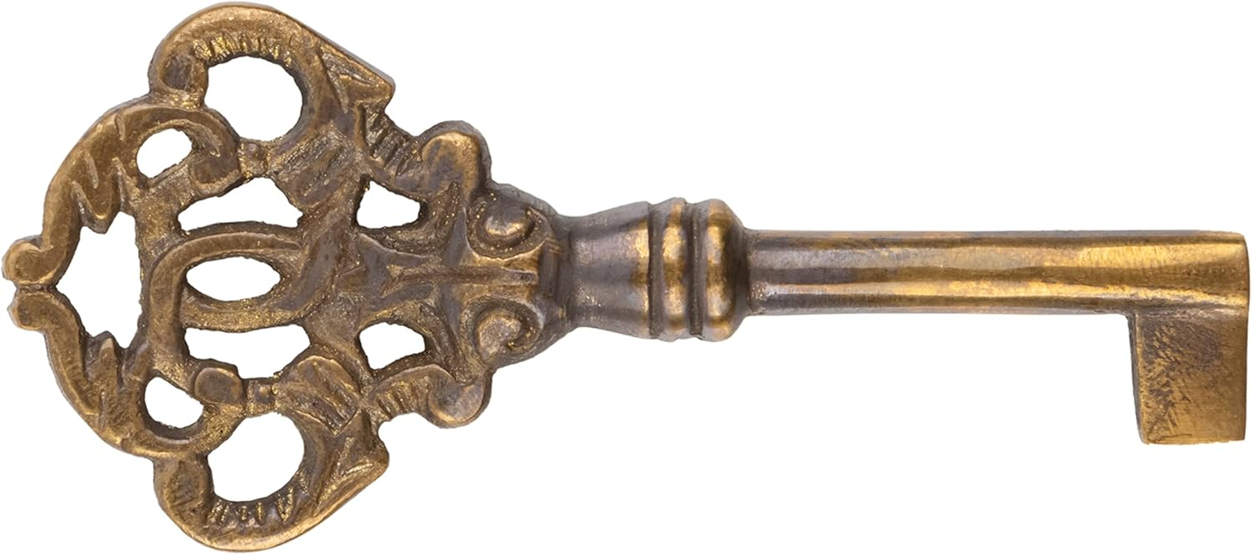 Hand Aged Solid Brass Antique Skeleton Key - Hollow Barrel Fancy Key for Cabinet Doors, Grandfather Clocks - SK40-BHA