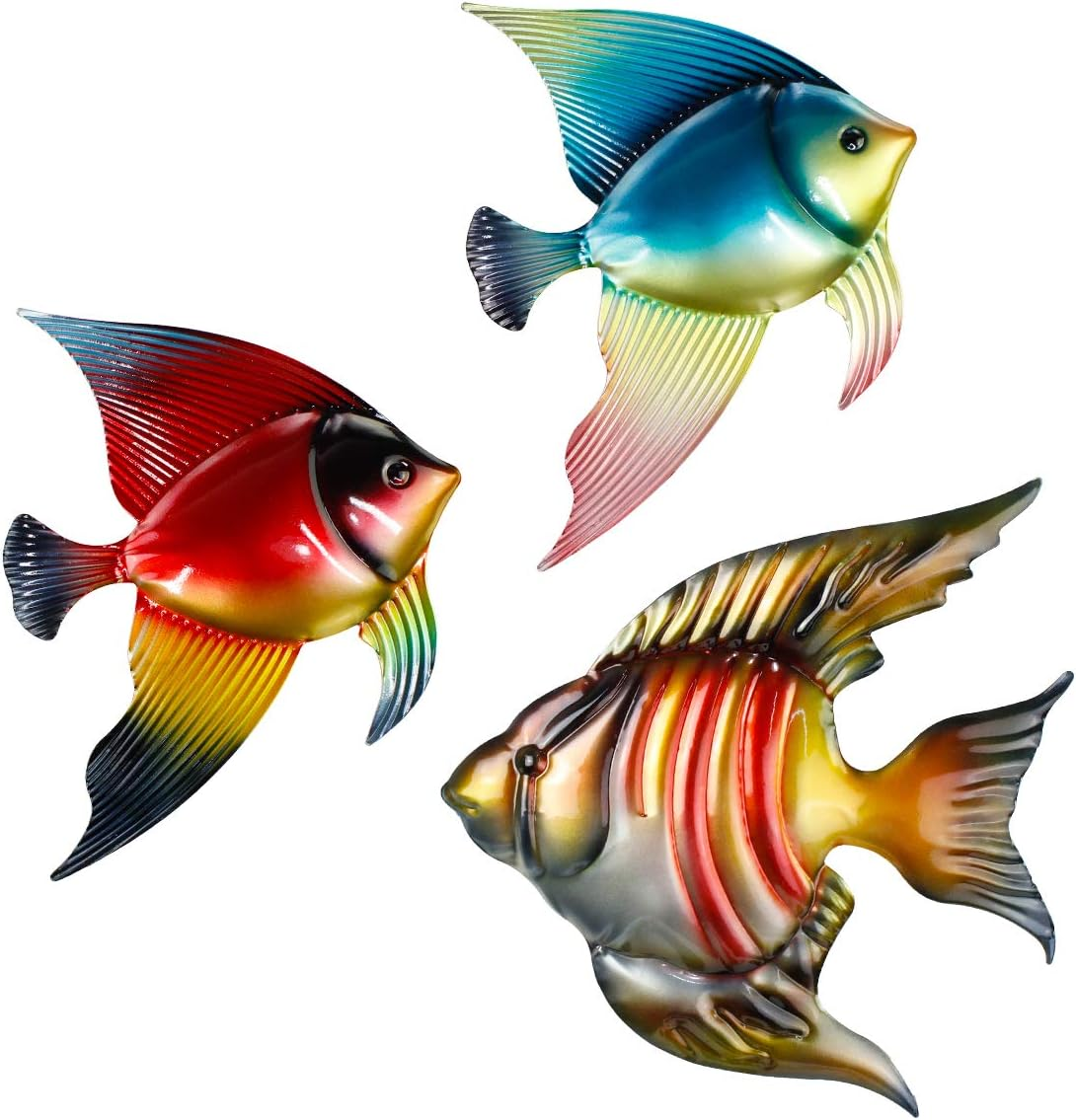 FANWNKI Set of 3 Metal Fish Wall Decor Art Outdoor Indoor Sculpture Hanging for Pool Home Porch Fence Garden
