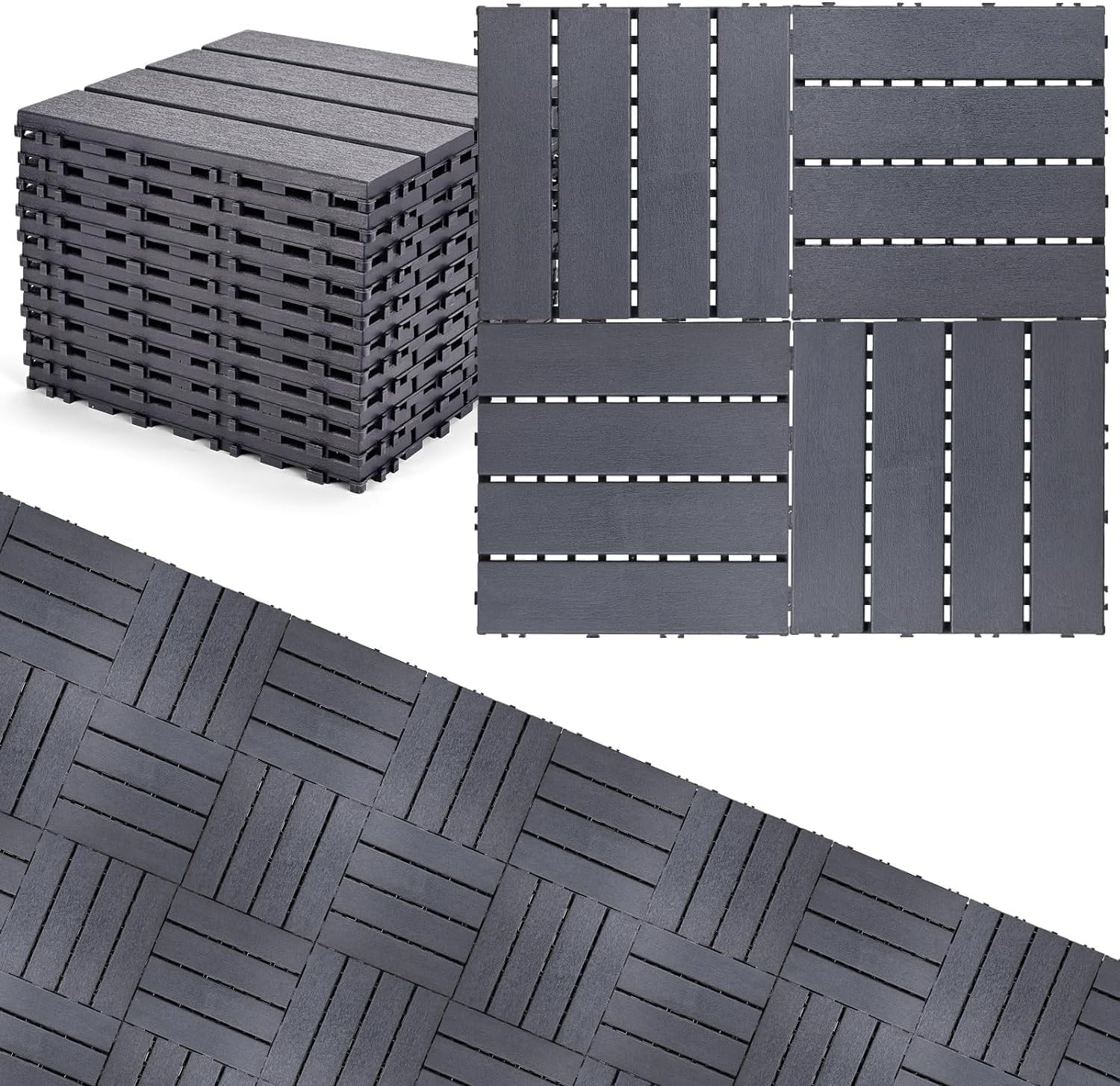 30X30Cm Interlocking Deck Tiles, Straight Pattern Patio Flooring with Mute Cushion, Waterproof Indoor Outdoor (Plastic Grey, 9 Pcs - 9 Square Ft)