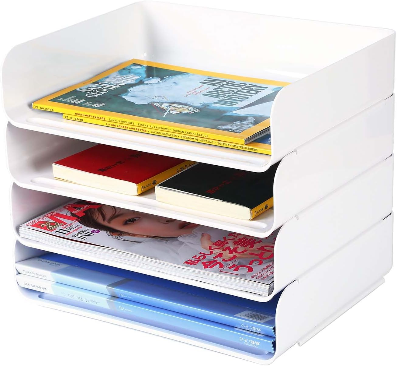 4 Tiers Stackable A4 Paper Trays, Office Desk File Holder, Tidy File Document Letter Book Paper Organizer (4 Tiers,White) (White, 4-Tier)