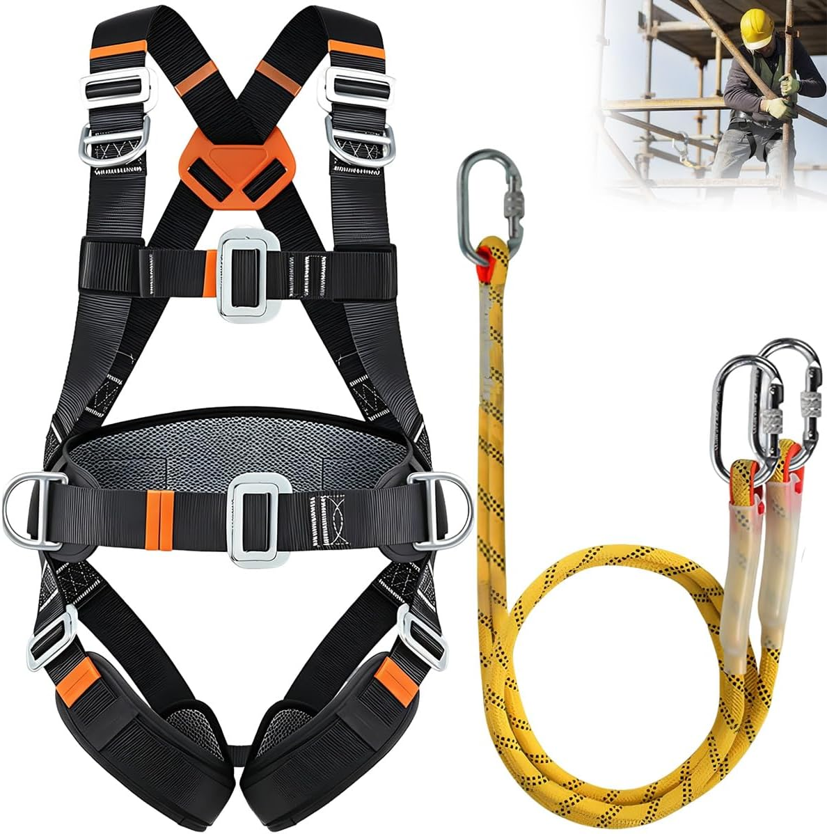 Full Body Safety Harness Fall Protection Kit, Adjustable Heavy Duty Industrial Safety Harness for Construction Roofing Scaffolding Climbing, Fall Arrest with Dorsal D‑Ring & Alloy Steel Karabiner