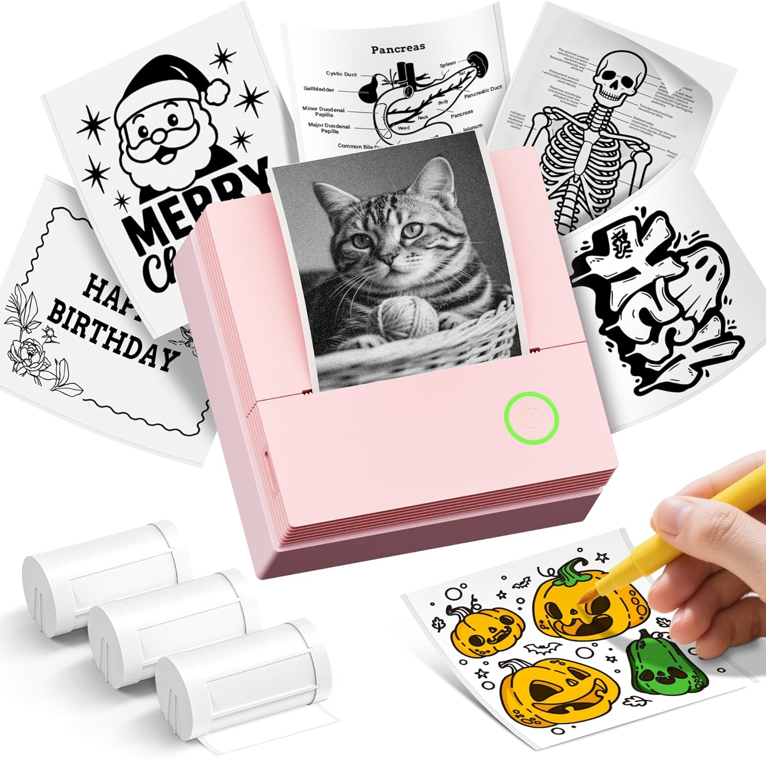 Sticker Printer, PM290C Portable Mini Printer, Inkless Bluetooth Sticker Maker with 3 Rolls Paper, Impresora Portátil for Notes, Journal, DIY, Gift, Print Pod for School/Office/Home, Pink