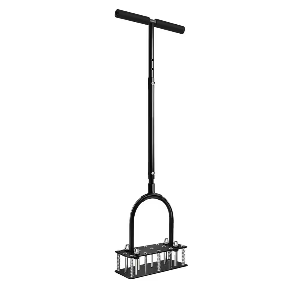 Adjustable Height Iron Manual Lawn Aerator Tool with 15 Spikes, Double-Layer Spring, Heavy-Duty Construction