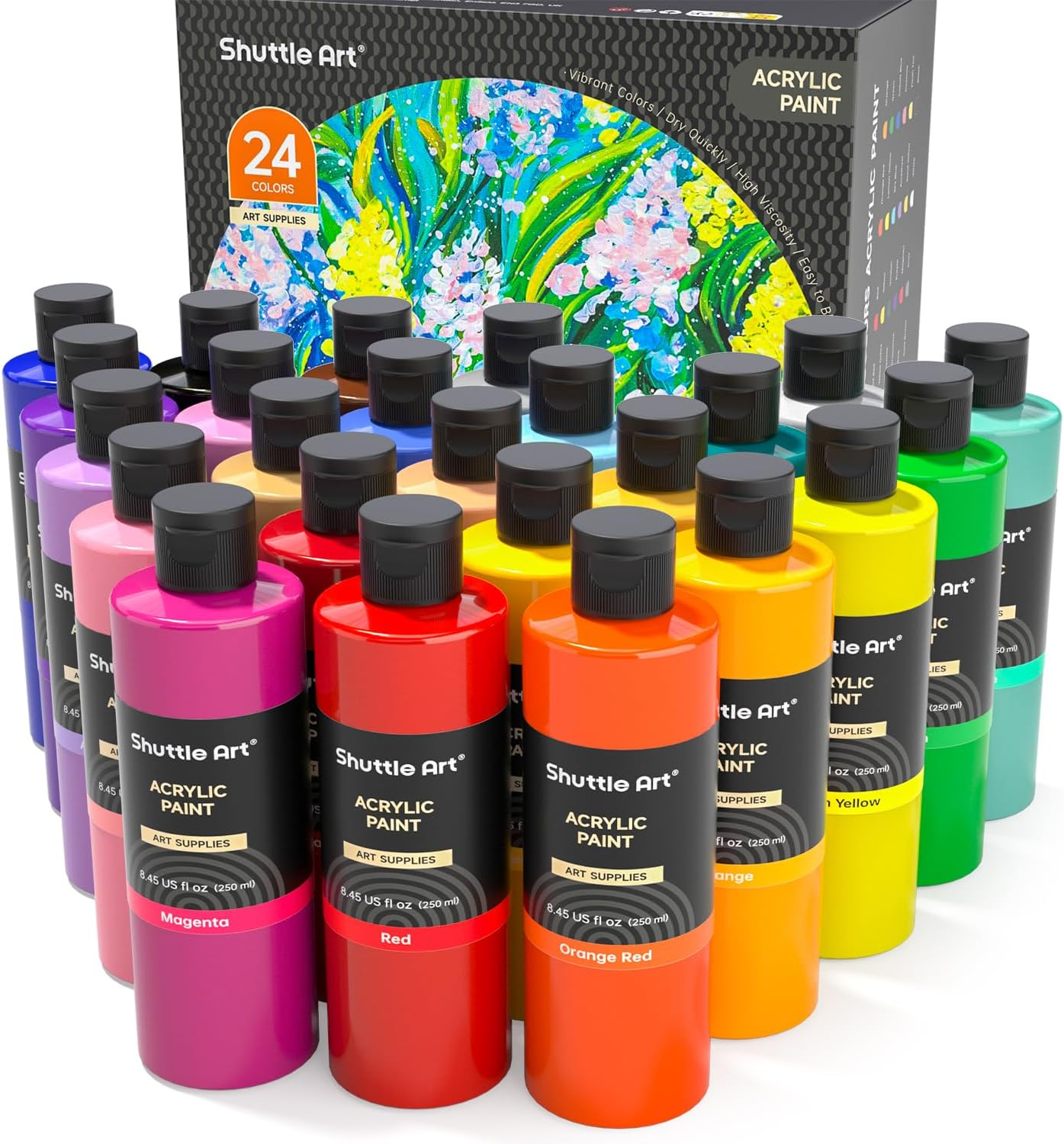 Acrylic Paint, 24 Colors Acrylic Paint Bottle Set, 250ml/8.45oz Each, Rich Pigments, High Viscosity, Bulk Paint for Artists, Beginners and Kids Painting on Rocks Crafts Canvas Wood Ceramic
