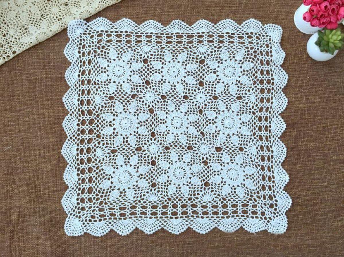 Cotton Handmade Crochet lace Table Runners Square Oval Tablecloth Doilies Doily Table Dresser Scarf Décor,19 inch,White