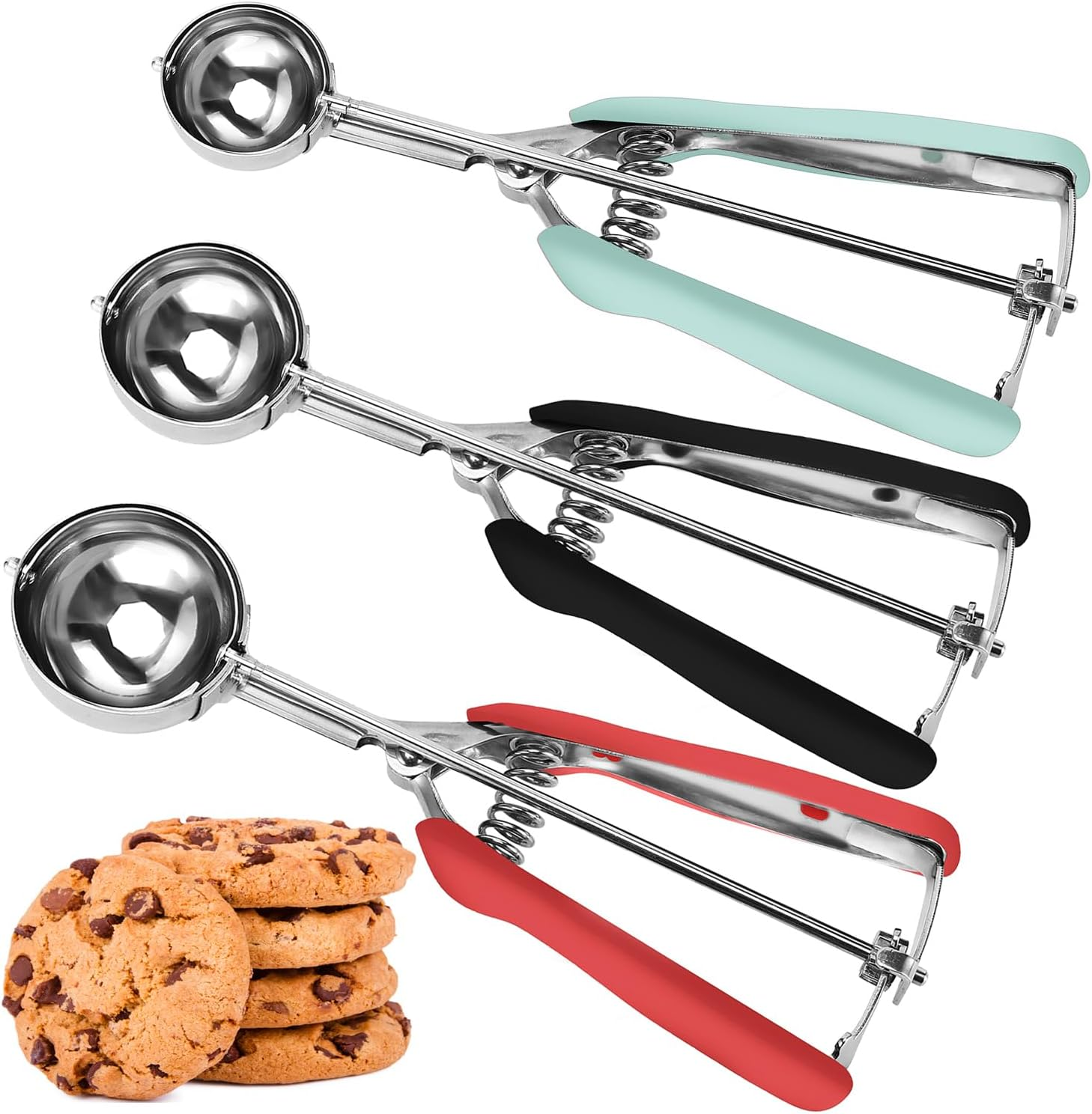 Cookie Scoop Set, Cookie Scoops for Baking Set of 3, Cookie Dough Scoop, 1 Tablespoon/ 2 Tablespoon/ 3 Tablespoon, Red/Black/Mint Handle, for Cookie Cupcake Muffin Ice Cream Truffles