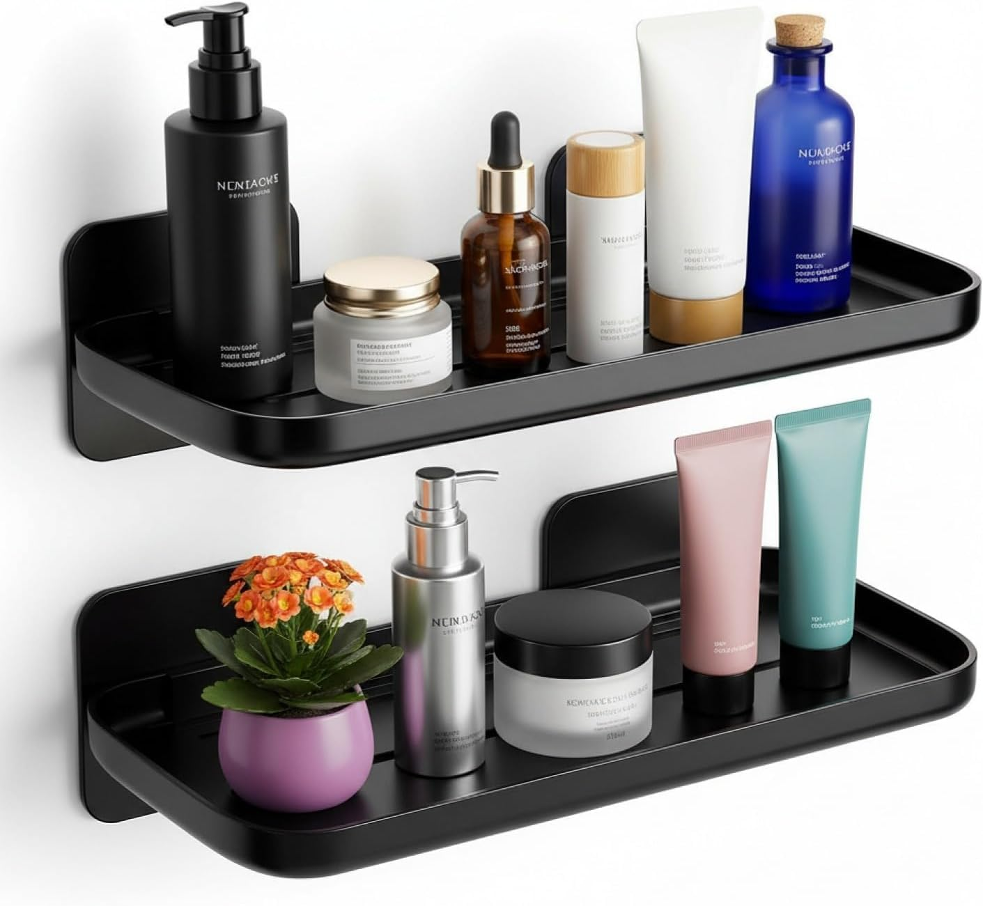2Pc Wall Mounted Floating Shelf, Small Storage Rack with Edge Design, No Drill Shelves for Wall, Floating Shelves Damage-Free Expand Walls Space for Living Room Kitchen Bathroom (Black)