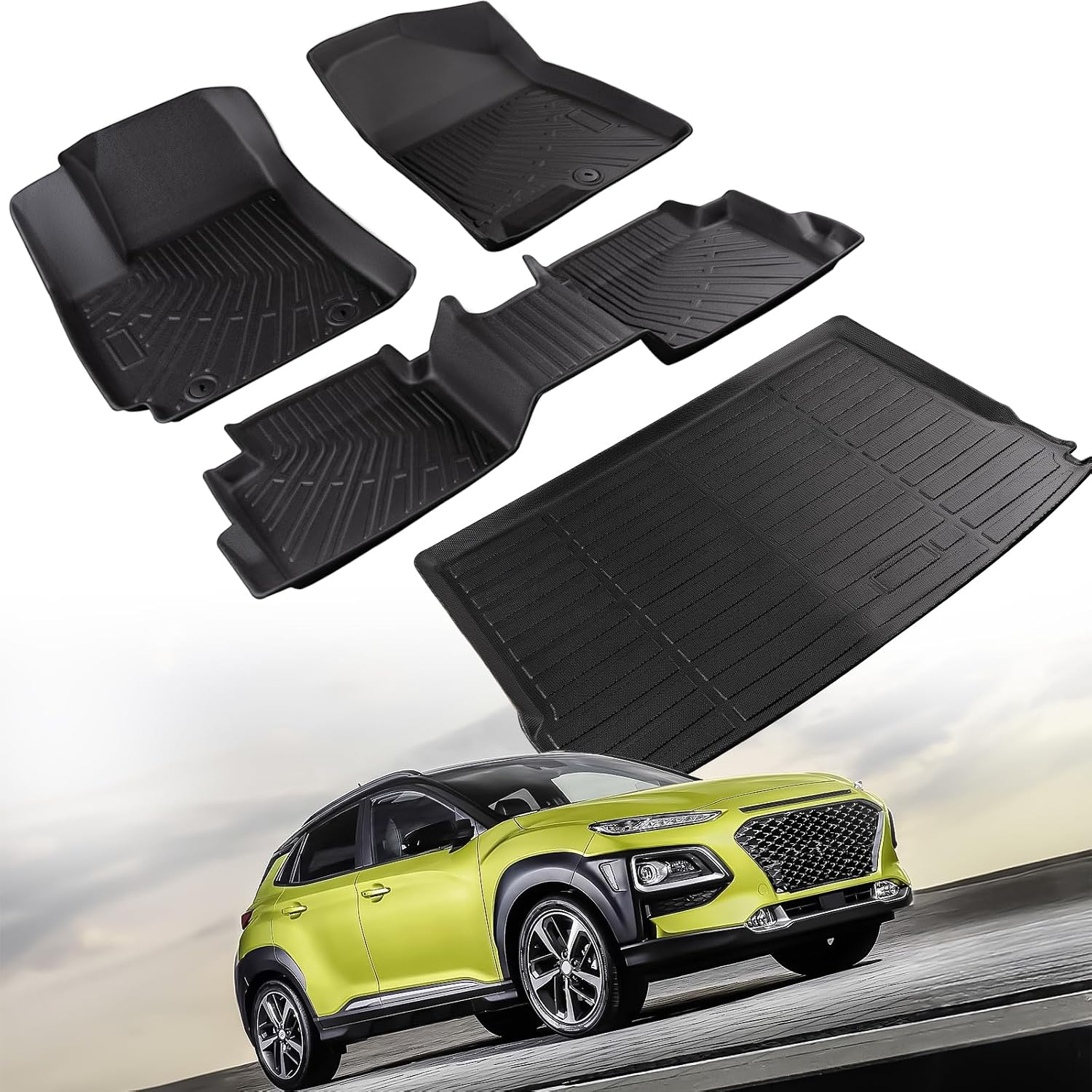 All Weather Floor mats & Trunk mat for Hyundai Kona 2024 2025 Accessories.Waterproof TPE Rubber OEM car Floor mats & Cargo Liner Custom fit for Hyundai Kona Floor mats 2024 2025 SE SEL N Line