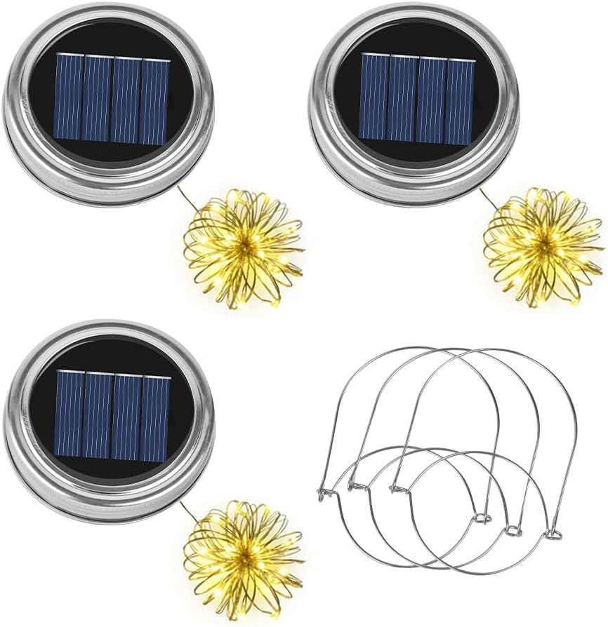3PCS Mason Jar Lid with 20 2M LED Light String, Mason Jar Lids with 3 Hangers, Lantern Solar Light for Outdoor Garden, Yard, Balcony, Christmas, Halloween Decorations