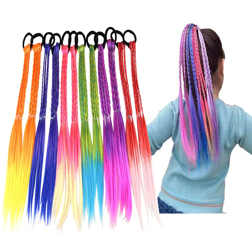Colored Braids Hair Extensions with Rubber Bands Rainbow Braided Synthetic Hairpieces Ponytail Hair Accessories for Women Kids Girls Party Highlights Cosplay Dress up (12PCS a Style)