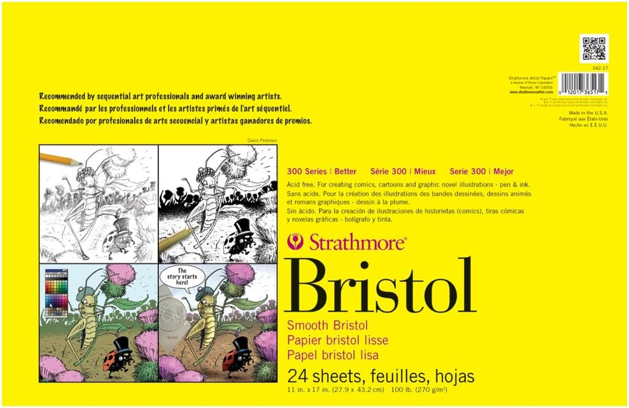 300 Series Bristol Paper Pad, Smooth, Tape Bound, 11X17 Inches, 24 Sheets (100Lb/270G) - Artist Paper for Adults and Students - Markers, Pen and Ink