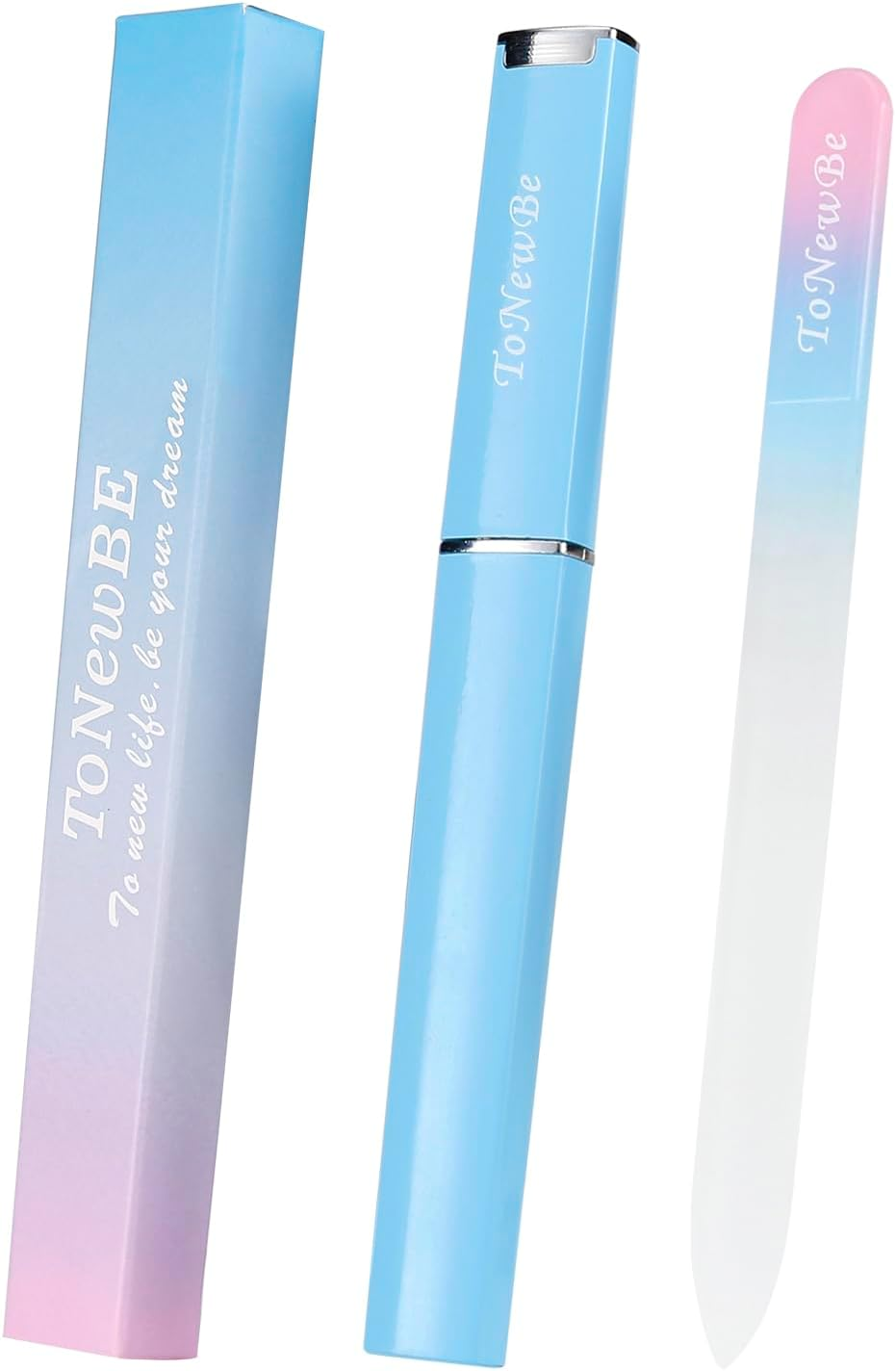 Glass Nail File in Case, Crystal Nail File, Glass Fingernail File, Czech Glass File, Double-Sided Etched Glass Nail File for Nail Art & Nail Care, Christmas Gifts Stocking Stuffers (Pink-Blue)